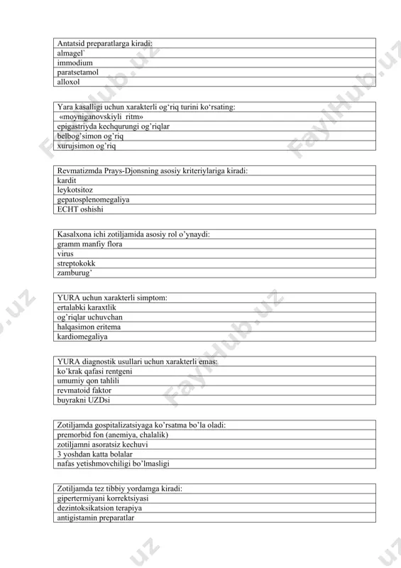 i ph-metriyasi reogastrografiya krupoz zotiljam qaysi yosh uchun xarakterli: maktab yoshi yangi tug’ilgan chaqaloq 1yoshgacha bo’lgan bolalar 1-3 yoshlilar bronxial astma xuruji davrida o‘tqazilishi shart emas: antibiotiklar salbutamol gormonoterapiya kislorodoterapiya bronxial astma xurujini davolashda qo‘llanilmaydigan dori vositalarni ko‘rsating: vitaminoterapiya glyukokortikoidlar desensibillovchi vositalar selektiv bronxospazmolitiklar mikoplazmali zotiljamda eng kuchli ta‘sirga ega: makrolidlar penitsillin karbenitsillin ampioks bronxial astma uchun xarakterli emas: shilliq qavat yallig ‘lanishi bronxospazm shilliq qavat shishi ige darajasini oshishi bronxial astma bilan bemorlar balg‘am mikroskopiyasida qanday elementlar aniqlanadi sharko-leyden kristallari semiz hujayralar purkin`e tolalari trombositlar quruq yo‘tal bilan xarakterlanadi: bronxit bronxoektatik kasallik bronxiolit mukovissidoz temir tanqislik anemiya belgisi bo‘lib hisoblanadi: rk past eozinifiliya eritrotsitlar miqdori normada trombositoz o‘tkir bronxiolit rentgenogrammasida ko’rinmaydi: qo’shilib ketuvchi infiltrativ soyalar diafragmani past turishi atelektazlar bo’lishi emfizema o‘tkir glomerulonefritni qaysi sindromlar xarakterlaydi: siydik bo’g’im yurak qon- tomir sitoliz proton pompa ingibitorlariga kiradi: omeprazol ranitidin gastroseptin de-nol bronxial astma asoratiga kiradi: o‘pka emfizemasi kardiomegaliya miya shishi …