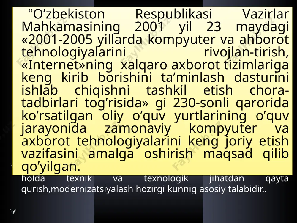 ni qayta ishlash va rivojlanish istiqbollari kiritiladi. bu vazifani organik kimyo darslarida “uglevodorodlarning tabiiy manbalari va ularni qayta ishlash” mavzularini o’rganish jarayonida yoritishga doir mahalliy va qo’shimcha ma’lumotlar mazmunini tavsiya qilamiz. * ishning amaliy ahamiyati akademik litseyning organik kimyo darslarida talabalarga qo’shimcha ma’lumotlardan foydalanish maqsadida ma’ruza jarayonlari olib borildi va ma’ruza davomida talabalarning bilim, ko’nikma va malakalari mustahkamlandi. akademik litseyning organik kimyo darslarida qo’shimcha ma’lumotlardan unumli foydalanilgan holda talabalarning ko’nikma va malakalarini shakllantirish, hamda yuqori dars samaradorligiga erishish imkoniyatilari yaratildi. respublikamizda mavjud bo’lgan uglevodorodlar va ularning tabiiy manbalarini ishlab chiqarish ko’rsatkichlari, shuningdek xomashyo zahiralari bo’yicha statistik ma’lumotlar olindi. * ishning yangiligi berilgan qo’shimcha ma’lumotlar orqali talabalarning bilim,ko’nikma va malakalari shakllantirildi; organik kimyoni o’qitishda qo’shimcha ma’lumotlardan foydalanish borasida zamonaviy informatsion texnologiyalar qo’llanildi; o’zbekistonda neft va gaz sanoati istiqbollari mavzusida ochiq ma’ruza o’tkazilib, dars samaradorligiga erishish imkoniyatilari yaratildi. talabalarga respublikamizda mavjud bo’lgan neft va gaz ishlab chiqaradigan – korxonlar faoliyati bilan yaqindan …