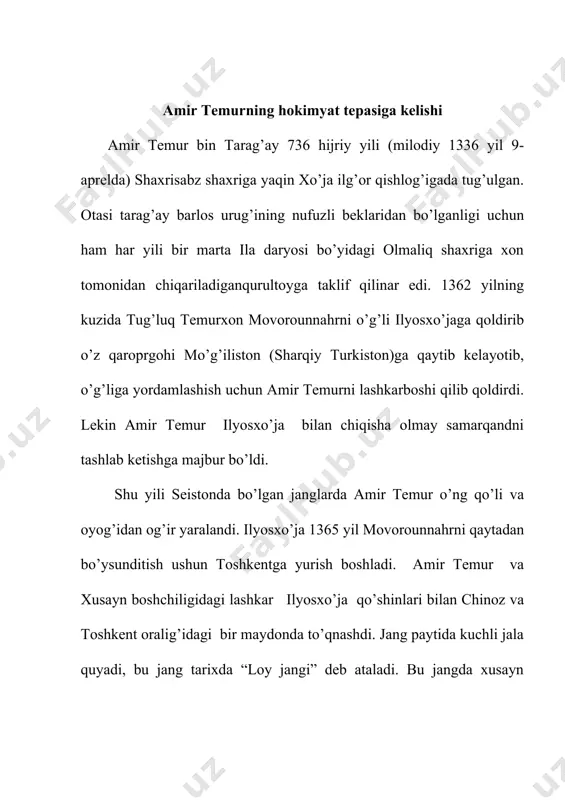 muammolar bilan shug’ullangan. dorug’alarni taynlash va vazifasidan ozod qilish ishlarini moliya devoni hal qilgan. davlat xazinasi samarqanddagi ko’ksaroy va hirotdagi ixtiyoriddin qal’asida saqlanardi. amir temur davlatning mustaqil moliya siyosatini takomillashtirish uchun o’z davlati tarkibiga kirgan barcha mamlakatlar moliyasini bir tizimga birlashtirdi va ularni ma’muriy boshqarish talablari asosida idora qilish usullarini joriy qildi. agar evropada birinchi byudjet tuzilishi angliya va fransiyada xvii-asrda paydo bo’lgan bo’lsa, amir temur o’z davlatida undan 3 asr avval mamlakatni idora etishda byujetning dasrlabki kurtaklarini ishlab chiqdi va joriy qildi. moliya –pul tizimini rivojlantirilishi mamlakatni yuksalishiga kuchli ta’sir qilardi. pulning jamiyat iqtisodida o’ynagan roli kuchayib borganligi uchun qishloq xo’jalik mahsulatlaridan olinadigan soliqni naqd aqcha bilan olish imkonini berdi. bu davrda asosan qishloq xo’zaligi bilan bog’liq ikki turdagi – xiroj va ushr solig’idan boshqa savdogarlar va hunrmandlar zakot to’laganlar, chegaradan o’tgan mollar hisobidan boj olingan. bular davlat xazinasi manbai bo’lgan. bundan tashqari oltin va kumushga o’xshash nodir metallarni …