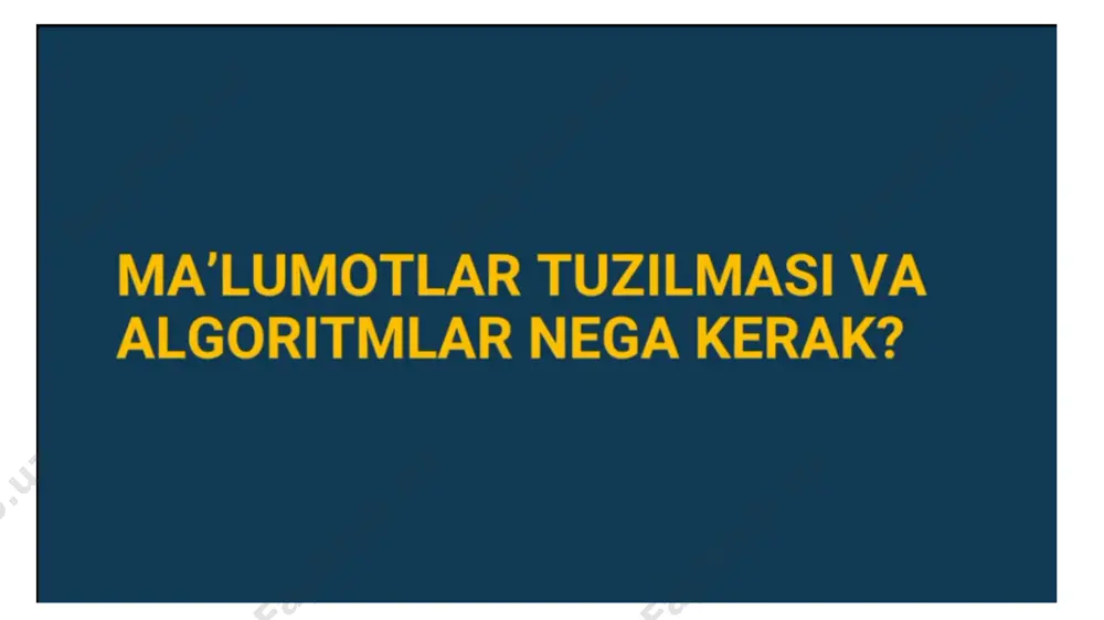 ich va fizik bosqichga uzviy bog’liq. mt klassifikatsiya qilish mustaqil ishlash uchun savollar: 1. ma’lumot nima? 2. tuzilma nima? 3. ma’lumotlar tuzilmasini ta’riflang? 4. ma’lumotlarni tasvirlash bosqichlari. 5. ma’lumotlar tuzilmasi klassifikatsiyasi? 6. ma’lumotlarning oddiy, integrallashgan va foydalanuvchi turlari. 7. ko’rsatkichli turlarning sintaksisi. foydalanilgan adabiyotlar: 1.[ru] алфред в. ахо., джон э. хопкрофт, джефри д. ульман. структура данных и алгоритмы. //учеб.пос., м.: изд.дом: "вильямс", 2000, — 384 с. 2.[en] adam drozdek. data structures and algorithms in c++. fourth edition.cengage learning, 2013. 3.[uz] narzullaev u.x., qarshiev a.b., boynazarov i.m. ma’lumotlar tuzilmasi va algoritmlar. //o’quv qo’llanma. toshkent: tafakkur nashriyoti, 2013 y. – 192 b. 4.[ru] лойко в.и. структуры и алгоритмы обработки данных. учебное пособие для вузов. - краснодар: кубгау. 2000. - 261 с., ил. havolalar https://arxiv.uz/ru/documents/referatlar/informatika-va-at/murakkab-ma-lumotlar-turlari-strukturalar-dasturlash https://qipu.ru/uz/mobilnye-sovety/standartnye-tipy-dannyh-standartnye-spravochnye-dannye-tipy-dannyh.html https://uz.wikipedia.org/wiki/abstraksiya https://referat.uz/drugie/uchebnoe-posobie/6693-6693.html thank you that you took the time to watch image1.png image2.png image3.png image4.png image5.jpeg image6.png image7.png image8.png image9.png image10.png image11.png image12.png image13.png image14.png image15.png image16.png …