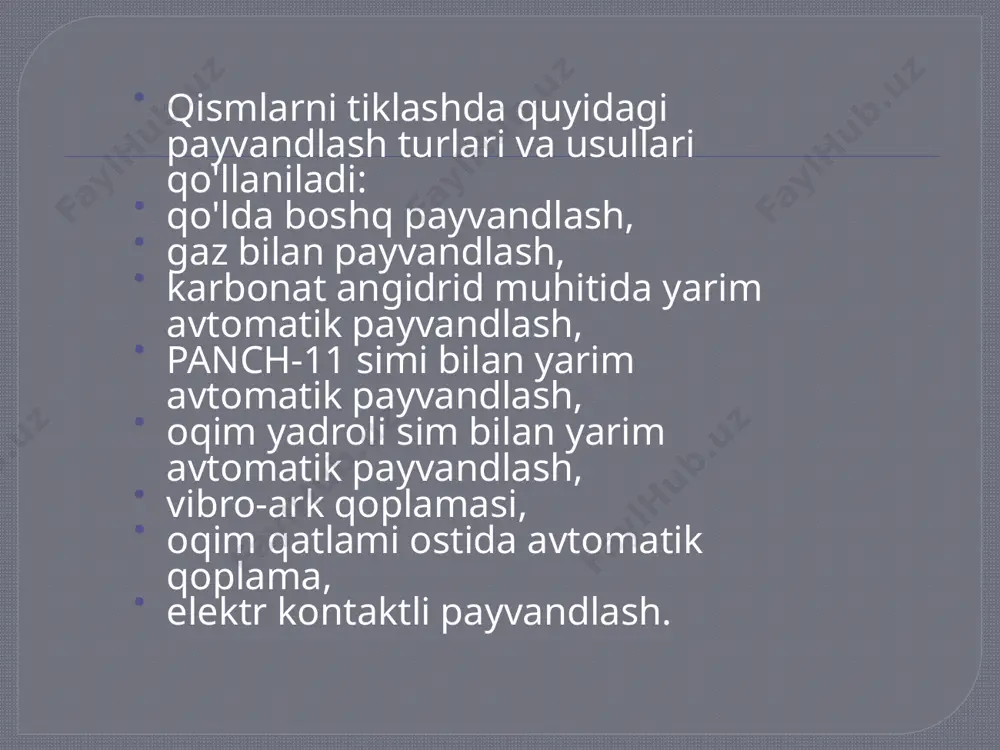i lehimli tikuv. juda istiqbolli usul - termal buzadigan amallar qoplamalarini qo'llash orqali qismlarni tiklash bo'lib, unda qalinligi 0,03 mm dan bir necha millimetrgacha bo'lgan qatlam metallning haddan tashqari qizib ketishiga olib kelmasdan eskirgan yuzaga qo'llanilishi mumkin. jarayonning mohiyati manba materialining (chang yoki sim) erishi va uni gaz (havo) oqimi bilan tiklanadigan qismning yuzasiga o'tkazishda yotadi. avtomobil qismlarini qayta tiklashda juda keng qo'llanilishi metallga ishlov berish va mexanik ishlov berishning har xil turlarini oldi. parchalarni ta'mirlash hajmiga ishlov berish orqali ularning ishchi yuzalarining geometrik shakli tiklanadi. qo'shimcha ta'mirlash qismlarini o'rnatish eskirgan yuzalarni yangi qismlarning o'lchamiga qayta tiklashni ta'minlaydi. tafsilotlar, shuningdek, qismning materialining plastik xususiyatlaridan foydalanishga asoslangan plastik deformatsiya (to'g'rilash) bilan tiklanadi. qismlarning dizayniga ko'ra, plastik deformatsiyaning bunday turlari siqish, tirgaklash, buzish, chizish va boshqalar kabi qo'llaniladi. image2.jpeg image3.jpeg image4.png image5.png image6.png image7.jpeg image8.jpeg image9.gif image10.jpeg image11.png image12.png image13.png image14.png /docprops/thumbnail.jpeg