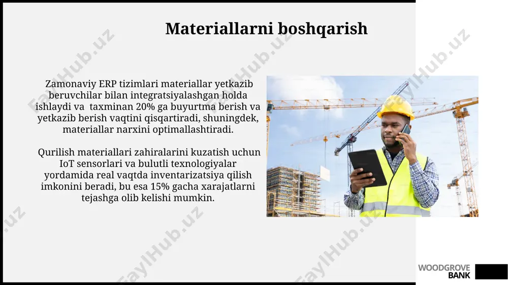 arishda bim (building information modeling) texnologiyalari qo‘llanilishi loyiha xarajatlarini 15-20% ga kamaytirish va qurilish muddatini 25% ga qisqartirish imkonini beradi. woodgrove bank energiya samaradorligi energiya samaradorligini oshirish uchun bim (building information modeling) texnologiyalari qo‘llanilishi binolarning energiya iste’molini 15-20% ga kamaytirishi mumkin, bu esa xarajatlarni sezilarli darajada tejashga olib keladi. quyosh panellari va boshqa qayta tiklanadigan energiya manbalarini qo‘llash orqali energiya samaradorligini 30% gacha oshirish mumkin, bu esa ekologik toza va iqtisodiy jihatdan foydali qurilish loyihalarini amalga oshirishga yordam beradi. woodgrove bank virtual va kengaytirilgan haqiqat virtual va kengaytirilgan haqiqat yordamida 3d modellashtirish loyihalarni 20% gacha tezlashtirishi va xatoliklar sonini 15% ga kamaytirishi mumkin, bu esa vaqt va resurslardan tejashga olib keladi. qurilish maydonchasini virtual ravishda tekshirish imkoniyati, ya'ni 360° panoramalar va 3d modellar orqali, loyiha rivojini kuzatish va muammolarni oldini olishga yordam beradi, xarajatlarni 10-15% ga kamaytiradi. woodgrove bank moliya va buxgalteriya hisobi erp tizimlari yordamida qurilish materiallari xaridini va …