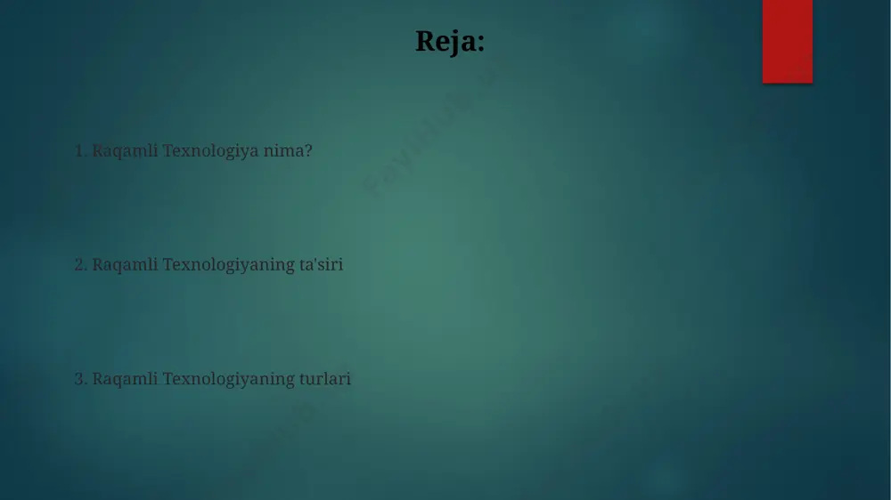 samarali qayta ishlashga imkon beradi. raqamli texnologiya va ta'lim big data tahlili orqali o'quvchilarning individual ehtiyojlari aniqlanib, shaxsiylashtirilgan ta'lim dasturlari yaratish orqali muvaffaqiyat darajasi 25% ga ko'tariladi. interaktiv o'yinlar va simulyatsiyalar yordamida o'quvchilarning 70% dan ortig'i ma'lumotni yaxshiroq o'zlashtiradi, bu esa an'anaviy usullarga nisbatan ta'lim samaradorligini oshiradi. raqamli texnologiyaning kamchiliklari kiberxavfsizlik tahdidlari, masalan, viruslar, firibgarlik va shaxsiy ma’lumotlarning o’g’irlanishi, 2023 yilda 6 milliontadan ortiq kiberhujumlar ro’y berganligi bilan tasdiqlanadi va katta iqtisodiy zararlar keltirib chiqaradi. raqamli texnologiyalardan foydalanishning katta hajmdagi ma’lumotlarni saqlash va qayta ishlashga bo’lgan yuqori talablari, 100 tb dan ortiq ma’lumotlarni samarali boshqarish uchun katta xarajatlarni talab qiladi. raqamli texnologiya va sog'liqni saqlash sog'liqni saqlash sohasida sun'iy intellekt algoritmlari yordamida 90% aniqlik bilan saraton kasalligining dastlabki bosqichlarini aniqlash mumkin, bu erta tashxis qo'yish va davolash samaradorligini oshiradi. aqlli tibbiy asboblar va sensorlar yordamida to'plangan 1000 dan ortiq fiziologik parametrlar real vaqt rejimida tahlil qilinib, bemorlarning sog'lig'ini kuzatib borish …