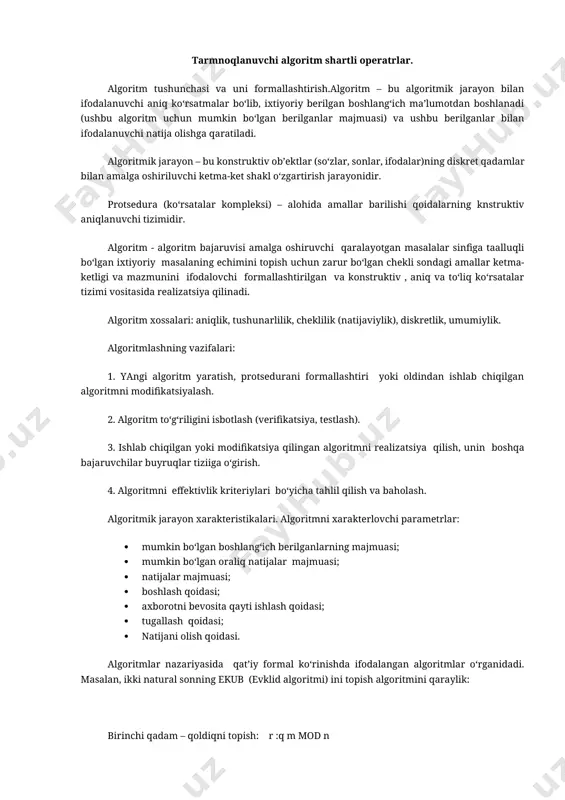 fbosiningkattavakichikharflari, psevdografikaelementlarishusinfgakiradi. bubelgilarturlikonstantalarnihosilqilish, matnlarniyozish, izohlarnitashkilqilishdaqo‘llanishimumkin); 8) murakkab belgilar: ; 9) xizmatchi so‘zlar. ular c++ dasturlash tilida ma’lum bir ma’no yoki ko‘rsatmani anglatuvchi maxsus belgilar zanjiridan iborat bo‘lib, bu zanjirni o‘zgartirish yoki qisqartirib qo‘llash mumkin emas. masalan: main, include, iostream, int va hokazo. eslatma. agar dastur tarkibida yuqorida sanab o‘tilgan belgilardan boshqa belgi yoki xizmatchi bo‘lmagan so‘zlar uchrab qolsa, bu haqidagi maxsus axborot kompyuter ekraniga chiqariladi. 3-ma’ruza (2-soat) tarmnoqlanuvchi algoritm shartli operatrlar. algoritm tushunchasi va uni formallashtirish.algoritm – bu algoritmik jarayon bilan ifodalanuvchi aniq ko‘rsatmalar bo‘lib, ixtiyoriy berilgan boshlang‘ich ma’lumotdan boshlanadi (ushbu algoritm uchun mumkin bo‘lgan berilganlar majmuasi) va ushbu berilganlar bilan ifodalanuvchi natija olishga qaratiladi. algoritmik jarayon – bu konstruktiv ob’ektlar (so‘zlar, sonlar, ifodalar)ning diskret qadamlar bilan amalga oshiriluvchi ketma-ket shakl o‘zgartirish jarayonidir. protsedura (ko‘rsatalar kompleksi) – alohida amallar barilishi qoidalarning knstruktiv aniqlanuvchi tizimidir. algoritm - algoritm bajaruvisi amalga oshiruvchi qaralayotgan masalalar sinfiga taalluqli bo‘lgan ixtiyoriy masalaning echimini topish uchun …