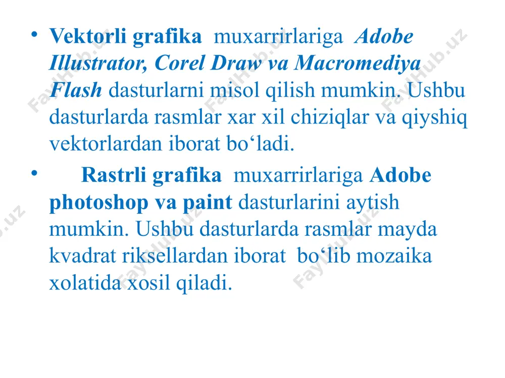 ’iy nazar bir xil usulda bajariladi kontur (rath) bu chiziq bo’lib dasturning chizuvchi asboblar orqali yaratiladi va ob’ektning simli strukturasini tashkil qiladi.keyinchalik kontur obvodka parametrlarini (outine) va ranglarini (fill) taqdim qilishi mumkin va buning natijasida u ko’rinishga ega bo’lib chop etilishi mumkin. agar konturda qaysidir parametrlar yetishmayotgan bo’lsa u oddiy rejimda ko’rinishga ega bo’lmaydi, to’liq ob’ekt shaklida xujjatda saqlansada, pechatga chiqarilmaydi. forma (shape) asbobi yordamida ajratish mumkin bo’lgan - kontur (tashkil qiluvchi kontur – kombinatsiyalanuvchi konturlar yigindisidir), aloxida ob’ekt xisoblanadi odatda kontur ko’p segmentlardan tashkil topadi, bu konturlar tayanch nuqtalarida ulangan bez’e egri chiziqlaridan tashkil topgan. segmentning bir tayanch nuqtasi joyini o’zgartirishi shaklni o’zgartiradi. segment shaklini boshqaruvchi nuqtalar orqali xam o’zgartirish mumkin. standart geometrik figuralarni (tugriturtburchak, elips, yoy, aylana) yaratish uchun muljallangan asboblar sichqonchaning bir xaraqati orqali geometrik figurani chiza oladi. e’tiboringiz uchun raxmat! image1.png image2.png image3.png image4.png image5.png image6.png image7.png image8.png /docprops/thumbnail.jpeg