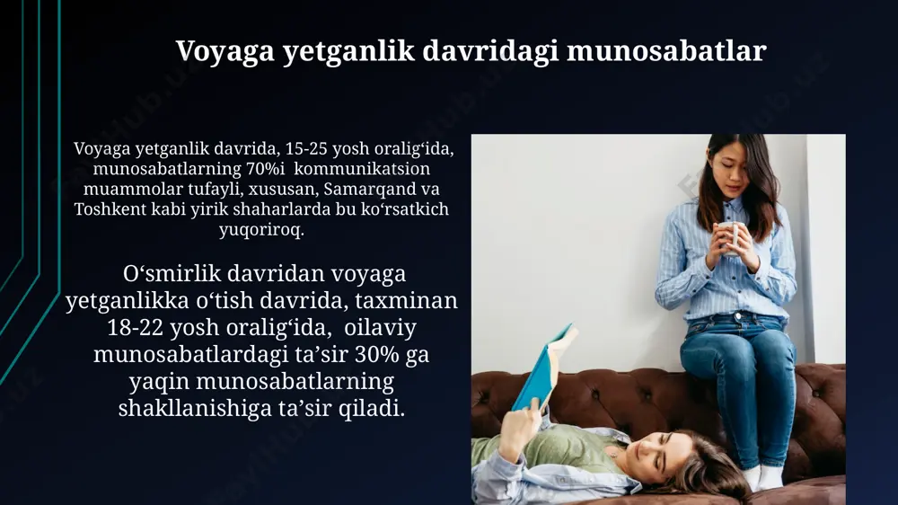 iqotida isbotlanganidek. o'smirlik davrida miya prefrontal korteksining rivojlanishi 25 yoshga yaqin tugallanadi, bu esa qaror qabul qilish va impulslarni nazorat qilish qobiliyatiga ta'sir qiladi, masalan, aqsh tadqiqotlariga ko'ra. o'smirlikning jismoniy rivojlanishi oʻgʻil bolalarda 12-16 yosh oraligʻida testosteron darajasining koʻtarilishi natijasida, mushak massasi 20-30% ga oshadi va jismoniy kuch-quvvat sezilarli darajada yaxshilanadi, bu esa samarqanddagi sport maktablarida aniq kuzatiladi. oʻsmirlik davrida, taxminan 11-15 yosh oraligʻida, qizlarda hayz koʻrish boshlanib, reproduktiv tizimning toʻliq shakllanishi kuzatiladi, bu esa gormonlar darajasining keskin oʻzgarishiga olib keladi. e'tiboringiz uchun rahmat @taqdimot_robot image1.jpg image2.jpg image3.jpg image4.jpg image5.jpg image6.jpg image7.jpg image8.jpg image9.jpg image10.jpg image11.jpg image12.jpg image13.jpg image14.jpg image15.jpg image16.jpg image17.jpg