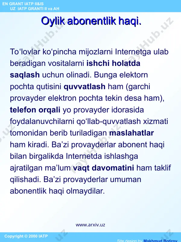 r web-server uchun alohida kompyuterni arendaga olishni taklif qilishlari mumkin. html – hujjatlari uchun joydan tashqari cgi- skriptlar (dasturlar)ni joylashtirish, elektron tijorat xizmatlari paketlari va shunga o‘xshashlarni joylashtirish xizmati ham taklif etilishi mumkin. agar baholar varaqasi (prays-list)da xosting nimalarni muayyan nazarda tutishi ko‘rsatilmagan bo‘lsa, bularni aniqlashtirib olish lozim.. virtual web-serverga (uning bo‘limiga) qo'yilishni tashkil etish ba’zi provayderlar sizning saytingiz uchun ajratilgan virtual web-server (uning bo‘limi)ni tashkil etish va unda nashrlarni amalga oshirish uchun alohida haq oladilar. bu mijozga internet tarkibiga ulangan har qanday kompyuterdagi web-server orqali axborot nashr etish imkonini beradi. sayt orqali reklamalar. vaqtinchalik reklama joylashtirish uchun to‘lov har qanday sayt egasi o‘z sayti sahifalarida boshqa saytlarning reklamalarini joylashtirish uchun haq olishi mumkin. ko‘pincha bunday reklama uchun chizma ishorat (bannerlar) yoki matnli ishoratlardan foydalaniladi. odatda pulga joylashtirish uchun bannerlar o‘lchamlari standartlashtirilgan: 468x60 (to‘g‘ri to‘rtburchak shaklida), 125x125 (kvadrat shaklida), 100x100 (kvadrat shaklida), 88x31 (tugma), 88x62 (juft tugma) va boshqalar. vaqtinchalik …