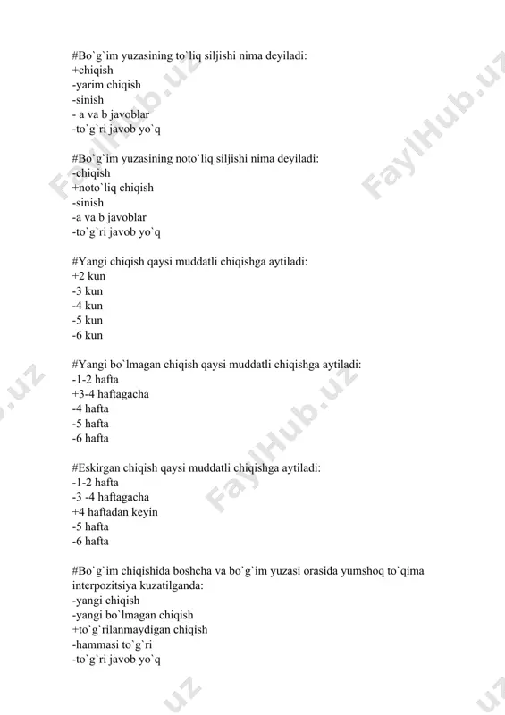 nganda konservativ davolash mumkin: -diastaza 4-5 mm -diastaza 7-8 mm -diastaza 9-10 mm +diastaza 2-3 mm -diastaza 6-7 mm #tirsak suyagi singanda operativ davolash mumkin: +diastaza 5 mm dan ko`p -diastaza 4-5 mm gacha -diastaza 1-2 mm -diastaza 2-3 mm -diastaza 3-4 mm #montedje sinishi hisoblanadi: -bilak suyagi singanda +tirsak suyagi singanda -boldir suyagi singanda -yelka suyagi singanda -son suyagi singanda #quyidagi komponentlarning qaysi biri dyupyuitren sinishiga xos emas: -ichki to`piq sinishi -tashqi to`piq sinishi +boldir suyaklarining pastki uchligidan sinishi -boldirlararo sindesmozni uzilishi -panjaning tashqariga chiqishi #potto desto sinishi ko`rinishi: +katta boldir old va orqa qirg`og`i sinishi -katta boldir ichki qirg`og`i sinishi -katta boldir tashqi qirg`og`i sinishi -katta boldir pastki uchligi sinishi -kichik boldir old qirg`og`i sinishi #qaytalanib turuvchi chiqish nima deb ataladi: +o`rganib qolgan chiqish -to`g`rilanmaydigan chiqish -a va b javoblar -eskirgan chiqish -to`g`ri javob yo`q #yelkaning o`rganib qolgan chiqishida: еlkaning aktiv tashqi rotatsiyasining cheklanishi, to`g`ri burchakkacha uzoqlashtirish simptomi: …