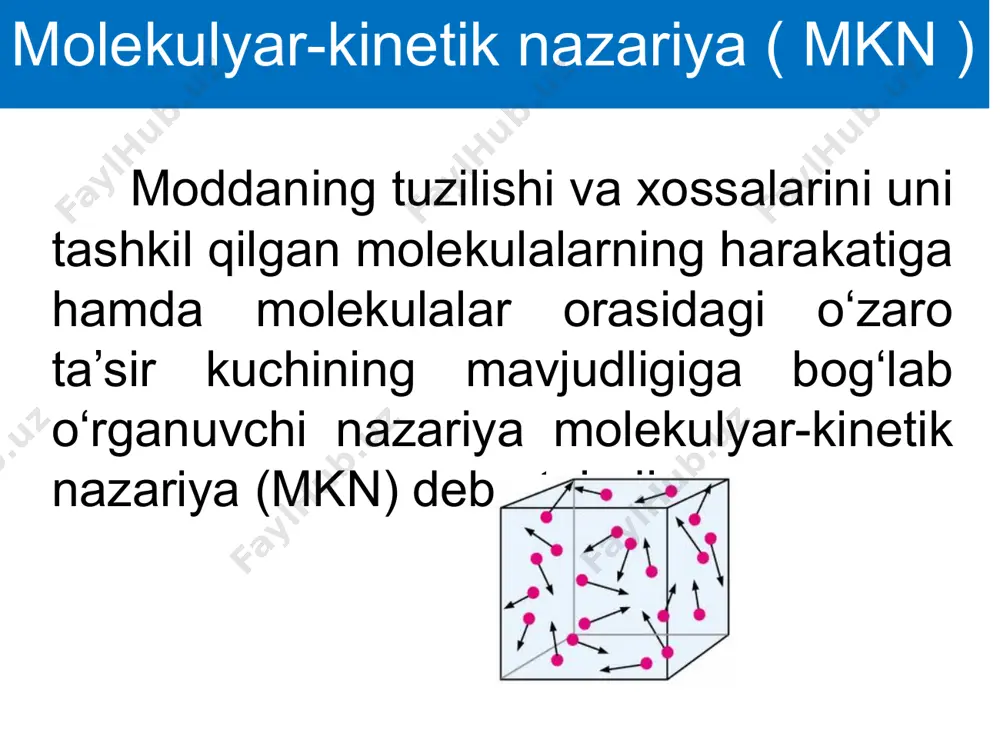 birligi unit kiritilgan. 1,992∙ =1,66∙kg = 1u ; = = 16u nisbiy atom (molekulyar) massa berilgan modda atomi massasining ( ( 1/12 qismining nisbatiga, shu moddaning nisbiy atom massasi deyiladi. nisbiy atom massasi modda miqdori moddadagi molekula yoki atomlar sonining 12 g () ugleroddagi atomlar soniga nisbati modda miqdori deyiladi. ( xbs da asosiy birlik). 1 mol — moddaning shunday miqdoriki, undagi molekulalar soni 12 g ugleroddagi atomlar soniga teng. avogadro qonuni 1. har qanday moddani 1 mol miqdorining molekulalari yoki atomlari soni teng bo‘lib u avogadro doimiysi deb ataladi. , masalan: bo‘lsa, 2. har qanday gaz bir xil temperatura va bosimda bir xil hajmni egallaydi. har qanday gazning 1 molining hajmi normal sharoitda (0 temperatura va 101325 pa bosimda) bo‘ladi va bu molyar hajm deb ataladi. masalan, normal sharoitda 5 mol gaz hajmi: avogadro qonuni 1 mol moddaning massasi molyar massa deb ataladi va m harfi bilan belgilanadi. birligi …