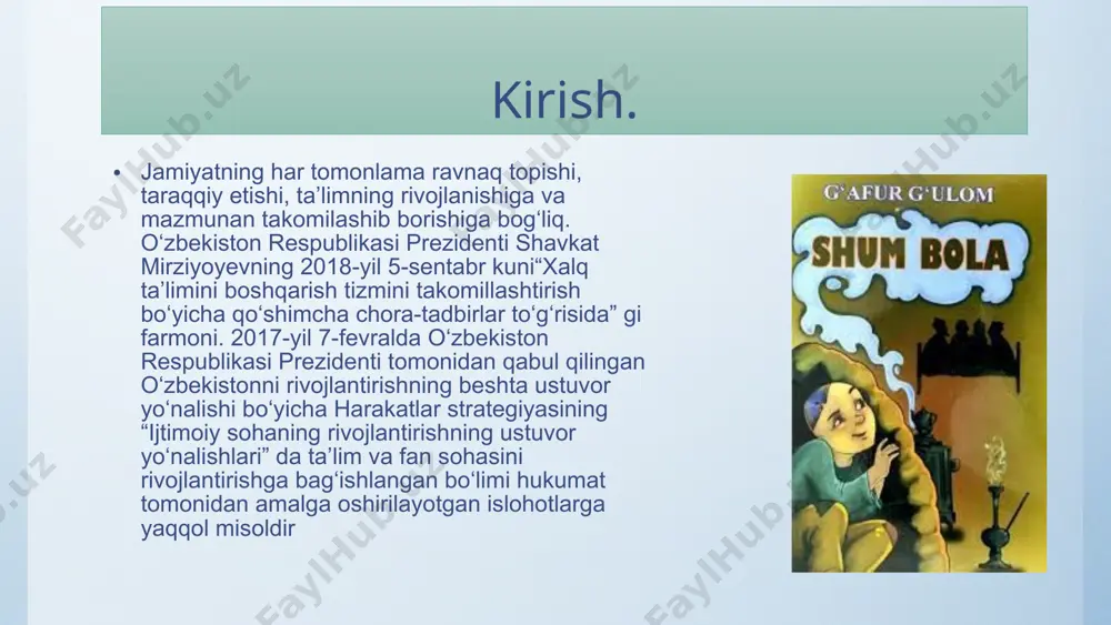 ‘qituvchi mahoratini talab etadi,chunki muammoli vaziyatning paydo bo‘lishi individual holat bo‘lib tabaqalashtirilgan va individuallashtirilgan yondashuvni talab etadi. ‘‘muammo’’ texnologiyasi o‘quvchilarga asarda yuzaga kelgan muammolarni o‘rganishga, uning yechimini topishga, mulohaza yuritishga yordam beradi.darslikdaeslatibo‘tilganidek, “shum bola” asarini o‘qib chiqish o‘quvchilarga qo‘shimcha topshiriq tarzida berilgani ma’qul. mustahkamlash darsida “galereya” texnologiyasidan foydalanish mumkin. ushbu texnologiya “shum bola” asarini to‘liq qamrab olgan holda, kichik guruhlarda tashkil qilinadi .har bir guruhga shum bolaning yangi bir sarguzashtini tasvirlash vazifasi topshiriladi. guruh a’zolari topshiriqni qog‘ozda bajaradilar va uni sinfning istalgan joyiga (doska,devoryokieshikka) yopishtiradilar. har bir guruh o‘z ishining taqdimotini tayyorlaydi. navbati bilan taqdimot o‘tkaziladi. o‘qituvchi va barcha o‘quvchilar birgalikda ko‘rgazma oldiga boradilar taqdimotni tinglab shu asosda savollar beriladi.ush bu texnologiya o‘quvchilarni erkin mushohada yuritishiga yo‘l ochadi ,ayni chog‘da mavzuni to‘lq o‘zlashtirishimkonini beradi o’quvchilarning “shum bola” qissasini o’qib, mazmunini qay darajada o’zlashtirganligini aniqlash maqsadida quyidagi savollar beriladi(qissani o’qib kelish uyga vazifa qilib berib yuborilgan) “shum bola”qissasida tasvirlangan voqealar qaysi …