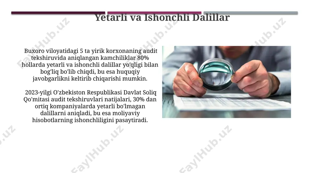 isobvaraqlari, buxoro viloyatidagi ombor hujjatlari va mijozning yozma tasdiqnomalari. auditoriya dalillarining turlari самарқанд вилоятидаги 7 та кичик корхонанинг 2021-2022 йиллар мобайнидаги 15 та банк ҳисоб-китоб ҳужжатлари ва 2та аудиторлик текшируви хулосалари ҳам аудиторлик далилларининг асосий турларидан биридир. яна бир тури – жиззах вилоятидаги 3 та фермер хўжалигининг ер майдонларига оид 10 та геодезия хариталари ва 2022 йилги ҳосилдорлик кўрсаткичлари бўйича маълумотлардан иборат. qayta hisoblash dalillari qayta hisoblash usuli yordamida farg'ona shahridagi "temir yo'l" kompaniyasining 2022 yilgi foyda va zarar hisobotining 15% qismi tekshirildi va 0,5% noto'g'ri yozuvlar aniqlandi, bu ichki nazoratning kuchsizligini ko'rsatadi. qayta hisoblash dalillarining ishonchliligi, 2023 yilgi xalqaro standartlarga ko'ra, to'g'riligi 95% dan kam bo'lmagan 100 ta operatsiyani tekshirish orqali namangan viloyati korxonasida tasdiqlangan. auditoriya dalillarining ta'rifi andijon viloyatining 10 ta korxonasida o'tkazilgan audit jarayonida, tovar-moddiy zaxiralarni tekshirish uchun 50 ta hujjat (etkazib berish varaqlari, inventarizatsiya aktlari) auditorlik dalili sifatida ishlatilgan. toshkent shahridagi audit firmasi 2022 yil hisobotlarini …