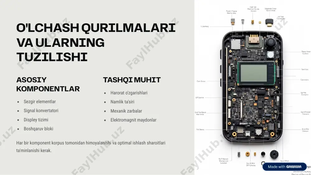 osim ta'siri tashqi mexanik yuklamalarga chidamlik deformatsiyaga qarshilik ko'rsatish https://gamma.app/?utm_source=made-with-gamma elektromagnit interferensiyadan himoyalash 80% emi himoya samaradorligi elektromagnit maydonlarni susaytirish darajasi 95% signal barqarorligi tashqi shovqinlarga qarshi immunity darajasi 99% o'lchash aniqligi emi himoya ostida saqlanadigan aniqlik faraday qafasi printsipiga asoslangan himoya tizimlarining joriy etilishi o'lchash natijalarining ishonchliligini ta'minlaydi. https://gamma.app/?utm_source=made-with-gamma korpus dizayni va ergonomik jihatlar foydalanuvchi interfeysi tugmalar va displeylarning optimal joylashuvi, ko'rish burchagi va yoritish sharoitlari. portativlik qulay tutqichlar, optimal vazn taqsimoti va kompakt o'lchamlar. o'rnatish imkoniyatlari stena, stol yoki din-reykalarga o'rnatish uchun universal mahkamlash tizimlari. https://gamma.app/?utm_source=made-with-gamma sifat standartlari va test usullari standart test turi talab iso 9001 sifat menejmenti uzluksiz yaxshilash iec 61010 xavfsizlik elektr xavfsizligi ip65/67 muhit himoyasi chang va suv himoyasi ce marking evropa standartlari emc va lvd ul listed amerika standartlari yong'in xavfsizligi https://gamma.app/?utm_source=made-with-gamma xulosa va tavsiyalar sifatli materiallar korpus uchun yuqori sifatli, standartlarga mos materiallarni tanlash zarur. kompleks yondashuv himoya, ergonomika va estetikani birlashtiruvchi …