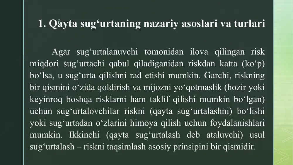 urtalovchining qatnashishi aniq bir summa (kvota) bilan belgilangan bo‘ladi. bundan tashqari bunday qayta sug‘urtalash shartnomalarida qayta sug‘urtalovchining hohishiga ko‘ra riskning yuqori chegarasi (limit) belgilanadi. kvotali qayta sug‘urtalash shartnomalari oddiy va sedent uchun qulaydir. sedent qayta sug‘urtalovchiga ma’lum bir muddatda kelib tushgan sug‘urta badallaridan o‘zining hisobida riskni qtkazgani uchun, komission mukofotni olib qolgan holda proporsional ravishda o‘tkazib beradi z z qayta sug‘urtalashning ikkita asosiy shakli mavjud: fakultativ va obligatorli. dastlab hamma qayta sug‘urtalar fakultativ ravishda amalga oshirilgan. bu har bir risk qayta sug‘urtalovchiga sug‘urta kompaniyasi tomonidan taklif qilinganligini vm qayta sug‘urtalovchi uni qabul qilishni yoki qabul qilmasligi ham mumkin bo‘lganligini bildiradi. harakatlarning bunday tarzi katta hajmdagi ma’muriy ishlarni talab qiladi va demakki, anchagina qimmat ham z fakultativ qayta sug‘urta shartnomasiga qayta sug‘urtachi tomonidan rozilik bildirilgan daqiqadan kuchga kiradi. obligator qayta sug‘urtalash shartnomasiga asosan sug‘urtachi qayta sug‘urtachiga kelishilgan hududda aniq belgilangan risklar bo‘yicha tuzilgan barcha to‘g‘ridan-to‘g‘ri sug‘urta shartnomalari qayta sug‘urtaga beriladi. obligatorli …
