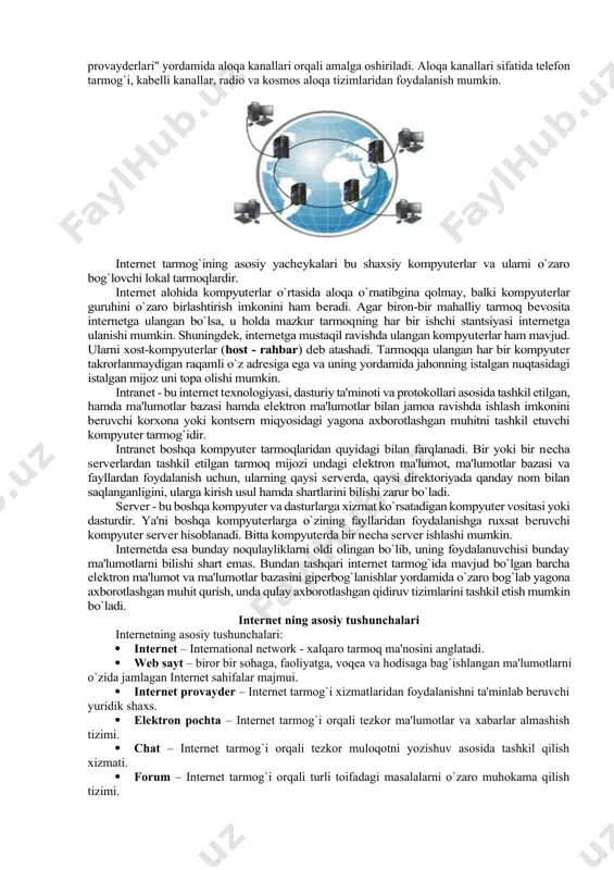 oyda tarmoq abonentlar mikdori 7-10% ortib bormoqda. internet dagi kompyuterlar aksariyati aqsh da joylashgan. 90- yillar internet da xizmat tarmoqlari tashkil qilingan davr bo`ldi. 1990 yili bill xilan, elan emtidj va piter deych archie programmasini ishlab chiqishdi. 1991 yili bryuster kaale wais programmasini tuzdi, minnesota universitetida pol lindner va mark mak-kayl tomonidan gopher programmasi tuzildi. 1992 yilda nevada shtati universitetida yaratilgan veronica sistemasi ishga tushirildi va shu sababli tarmoqdagi kompyuterlar soni milliondan oshib ketadi. ammo internet ning 90-yillardagi rivojlanishiga asosiy sabab world wide web (butun dunyo tarmog`i) ning tuzilishi bo`ldi. uni birinchi nusxasini 1990 yilining noyabrida cern (evropa atomni tekshirish markazi) xodimi tim berns-li yaratdi, lekin 1992 yilgachi ishga tushirilmadi. 1993 yilda ncsa (national center for supercomputer applications, superkompyuterli hisoblash milliy markazi) tomonidan mosaic programmasi ishlab chiqarildi va shu yil oxiriga 200 ta www server ishga tushirilib www bo`yicha axborot oqimi 1% ni tashkil qilgan. internet va www bir xil …