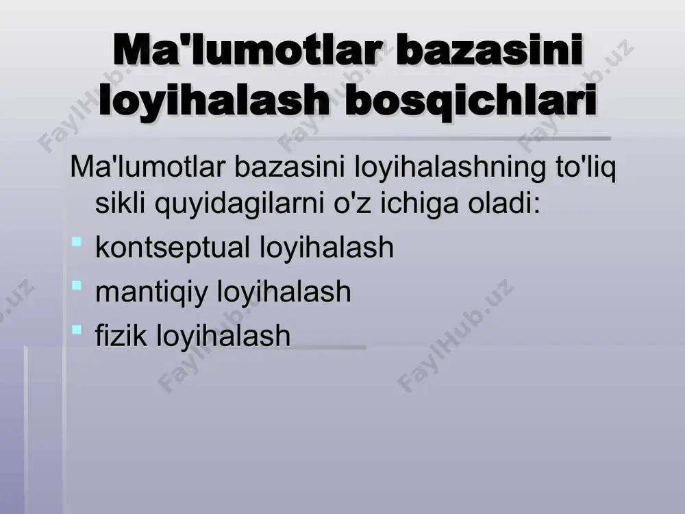 shlatiladi. aloqa (assotsiativ mohiyat) – bu boshqa mohiyatlar o'rtasidagi o'zaro hamkorligini ta'minlashga xizmat qiluvchi mohiyat. er - modelining grafik tasvirida odatda quyidagi grafik elementlardan foydalaniladi: mohiyat aloqa aloqa kalit atribut fakultet o‘qituvchi kafedra fan yo‘nalish guruh mavjud ishlaydi o‘qitiladi ta’lim oladi o‘qitish o‘rganish id nomi фио декана id nomi kafedra mudiri id fish unvoni daraja lavozimi id nomi ma’ruza soni lab. soni amalyot soni shifr nomi o‘qish muddati id nomi tashkil yili starosta fish 1 ∞ 1 ∞ ∞ ∞ ∞ ∞ ∞ 1 1 ∞ mantiqiy loyihalash er diagrammasini mantiqiy sxemalarga akslantirish qoidalari har bir mohiyat munosabatga aylanadi, mohiyatning identifikatori birlamchi kaliti va uning atributlari esa munosabatning atributlari bo‘ladi; «birga - ko'p» aloqa (ajdod-avlod) tipi munosabatni shakllantirmaydi, lekin ajdod mohiyatning identifikatori avlod mohiyat uchun munosabatning tashqi kaliti bo‘ladi va ajdod mohiyatning xususiyatlari avlod mohiyatining qo'shimcha xususiyatlariga aylanadi; «ko'pga - ko'p» aloqa tipi munosabatga aylanadi, bog'lanadigan mohiyatlarning identifikatorlari aloqa uchun …