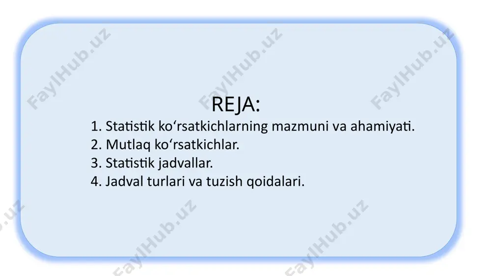 kroiqtisodiy ko‘rsatkichlar deyiladi. aniqlash usuliga qarab statistik ko'rsatkichlar yig'indi va hosilaviy ko‘rsatkichlarga bo'linadi. yig‘indi ko'rsatkichlar hodisa birliklarini jamlash orqali hisoblanadi, hosilaviy ko'rsatkichlar esa - mutlaq, nisbiy va o'rtacha ko'rsatkichlarga bo'linadi. statistik ko‘rsatkichlar voqea – hodisalar to‘plamini qamrab olishiga qarab makroiqtisodiy mikroiqtisodiy mamlakat miqyosidagi korxona ularning bo‘limlari firma mamalakat hududlaridagi birlashmalar koorporatsiyalar ijtimoiy – iqtisodiy jarayonlar holati va xarakati angren ko‘mir konida qazilgan ko‘mir, biror fermer xo‘jaligida terilgan paxta, biror korxonada ishlayotgan xodimlar soni va shu kabilar mikroiqtisodiy ko‘rsatkichlardir. mamlakat miqyosida qazib olingan ko‘mir, viloyat yoki mamlakat miqyosida tayyorlangan paxta, ishlayotgan xodimlar soni va shu kabilar makroiqtisodiy ko‘rsatkichlardir. statistik ko’rsatkichlar turlari masalan, o'zbekistonning hududi 448,9 ming kvadrat km., aholisi 36,6 mln kishi, respublikamizda 592371 mingdan ortiq korxona mustaqil ravishda tadbirkorlik faoliyati bilan shug‘ullanib kelmoqda, 2023 yili mamlakatimizning yoshlaridan 220 mingdan ortig’i talaba bo‘ldi. bularning hammasi mutlaq miqdorlardir. mutlaq miqdorlar umumlashtiruvchi ko'rsatkichlarning bir turidir. statistik kuzatish ma’lumotlarini jamlash natijasida о‘rganilayotgan hodisa va …