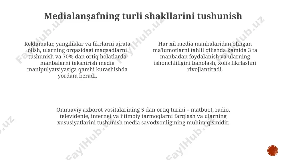 sh tanqidiy fikrlashni oshiradi. mediya matnlari tarkibidagi 2-3 ta asosiy fikrni aniqlash va ularning dalillarini baholash orqali mantiqiy xulosalar chiqarish ko'nikmalarini rivojlantirish muhim. tanqidiy fikrlashni rivojlantirish uchun kamida 5 ta manbadan ma’lumot olish va ularni 3 xil usulda tahlil qilish (solishtirish, farqlash, umumlashtirish) kerak. oavning ta'sirini anglash oavning ta'sirini anglash uchun, 5w1h (kim, nima, qachon, qayerda, nima uchun, qanday) savollarini qo'llash orqali xabarlarning manbasini, maqsadini va mulohazalarini tahlil qilish muhimdir. taxminan 70% ga yaqin odamlar oavning ta'sirini to'liq anglamaydilar, shuning uchun tanqidiy fikrlash qobiliyatini rivojlantirish va turli manbalardan ma'lumotlarni solishtirish zarur. oav xabarlaridagi 3 turdagi (vizual, audio, matnli) ma'lumotlarning bir-biriga bog'liqligi va ularning umumiy ta'sirini baholash, shuningdek, emotsional va kognitiv ta'sirlarini aniqlash kerak. dezinformatsiyadan himoyalanish rasmiy veb-saytlar va ishonchli ommaviy axborot vositalaridan foydalaning, shuningdek, ma'lumot manbasining muallifligini va uning e'tiborlilik koeffitsiyentini (masalan, alexa reytingi) tekshirib ko'ring. dezinformatsiya ko'pincha emotsional til, shiorlar va haddan tashqari soddalashtirilgan bayonotlar orqali tarqatiladi, bunday xususiyatlarni …