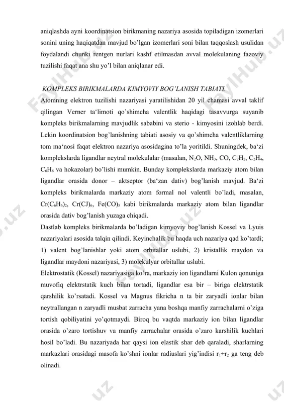 dinatsion kovalent bog’lanishda esa, elektron juftlar reaktsiyadan avval o’zaro birikuvchi zarrachalarning birida bo’ladi, keyin umumiy bo’lib qoladi (donor–aktseptor bog’lanish). masalan, ammiak kislotalar bilan reaktsiyaga kirishganda ammiakning azot atomidagi elektron jufti vodorod ioni bilan ammiak o’rtasida umumiy bo’lib qoladi. h h h h : : +h+cl – → [h : : h]+cl – yoki [h – – h]cl h h h dagi barcha n – h bog’lanishlar bir – biridan sira farq qilmaydi. bu reaktsiyada ammiak molekulasidagi azot atomi donor, vodorod ioni esa aktseptor vazifasini bajaradi. ammiak molekulasida o’zining elektron muftini vodoroddan boshqa ionlarga ham berish mumkin. masalan; nh3 su2++ 4nh3 → [h3n : : nh3 ]2+ nh3 g. lyuis bu reaktsiyalarni kislota bilan asosning o’zaro ta‘sirlanish reaktsiyasi deb qaradi. g.lyuns nazariyasiga muvofiq, kislota deganda o’ziga elektron juftlarni qo’shib olish qobiliyatiga ega bo’lgan moddani tushunish kerak, asos esa o’zidan elektron juftlar berishga qobil moddadir. yuqoridagi misolda cu2+ kislota va nh3 asos …