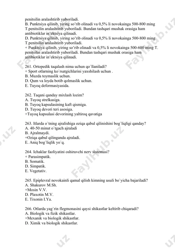oq qavatiga 263. itlarda o`tning ajralishiga oziqa qabul qilinishini bog`liqligi qanday? a. 40-50 minut o`tgach ajraladi b. ajralmaydi. +oziqa qabul qilinganda ajraladi. e. aniq bog`liqlik yo`q. 264. ichaklar faoliyatini oshiruvchi nerv sistemasi? + parasimpatik. b. somatik. d. simpatik. e. vegetativ. 265. epiplevral novokainli qamal qilish kimning usuli bo`yicha bajariladi? a. shakurov m.sh. +mosin v.v. d. plaxotin m.v. e. tixonin i.ya. 266. otlarda yag`rin flegmonasini qaysi shikastlar keltirib chiqaradi? a. biologik va fizik shikastlar. +mexanik va biologik shikastlar. d. ximik va biologik shikastlar. e. mexanik shikastlar. 267. issiq urish bu otlarning qanaqangi kasalligi? + otlar issiq havoda ishlab zo`riqqanda ularni issiq urishi mumkin. b. issiqda tez choptirganda kelib chiqadi. d. issiq shamolga bog`lab qo`yilganda kelib chiqadi. e. tana qizdiruv kalloriyali oziqa berishdan kelib chiqadi. 268. aldamchi oziqlantirish deganda i.p.pavlov nimani ko`zda tutgan? a. hayvonni oziqa hidi bilan bezovtalash. b. oziqani kursatib hayvonni bezovtalash. d. qorinida fistulasi bor itni oziqlantirish. +ezofagotomiya qilingan …