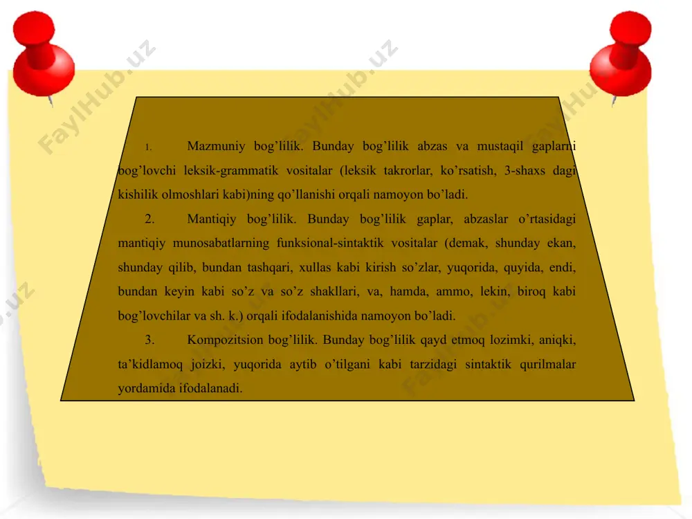 da mazmuniy, mantiqiy va kompozitsion bog’lilikni ko’rsatadigan vositalarning ishtirokiga alohida diqqat qiling. image2.png image3.jpeg image4.jpeg image5.jpeg image6.png image7.jpeg image8.jpeg image9.png image10.png image1.jpeg