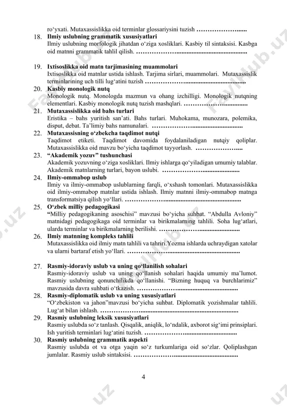 vloniy” matnidagi pedagogikaga oid terminlar va birikmalarning tahlili. soha lug‘atlari, ularda terminlar va birikmalarning berilishi. ………………........................ 26. ilmiy matnning kompleks tahlili mutaxassislikka oid ilmiy matn tahlili va tahriri.yozma ishlarda uchraydigan xatolar va ularni bartaraf etish yo‘llari. ………………........................................... 27. rasmiy-idoraviy uslub va uning qo‘llanilish sohalari rasmiy-idoraviy uslub va uning qo‘llanish sohalari haqida umumiy ma’lumot. rasmiy uslubning qonunchilikda qo‘llanishi. “bizning huquq va burchlarimiz” mavzusida davra suhbati o‘tkazish. ……………….................................... 28. rasmiy-diplomatik uslub va uning xususiyatlari “o‘zbekiston va jahon”mavzusi bo‘yicha suhbat. diplomatik yozishmalar tahlili. lug‘at bilan ishlash. ……………….......................................................... 29. rasmiy uslubning leksik xususiyatlari rasmiy uslubda so‘z tanlash. qisqalik, aniqlik, lo‘ndalik, axborot sig‘imi prinsiplari. ish yuritish terminlari lug‘atini tuzish. ………………............................... 30. rasmiy uslubning grammatik aspekti rasmiy uslubda ot va otga yaqin so‘z turkumlariga oid so‘zlar. qoliplashgan jumlalar. rasmiy uslub sintaksisi. ………………...................................... 31. davlat tilida ish yuritish asoslari hujjatchilik tarixi. o‘zbek hujjatchiligi tarixi. davlat tilida ish yuritishga oid qonun hujjatlari. davlat tilida ish yuritish sohasining maqsadi …