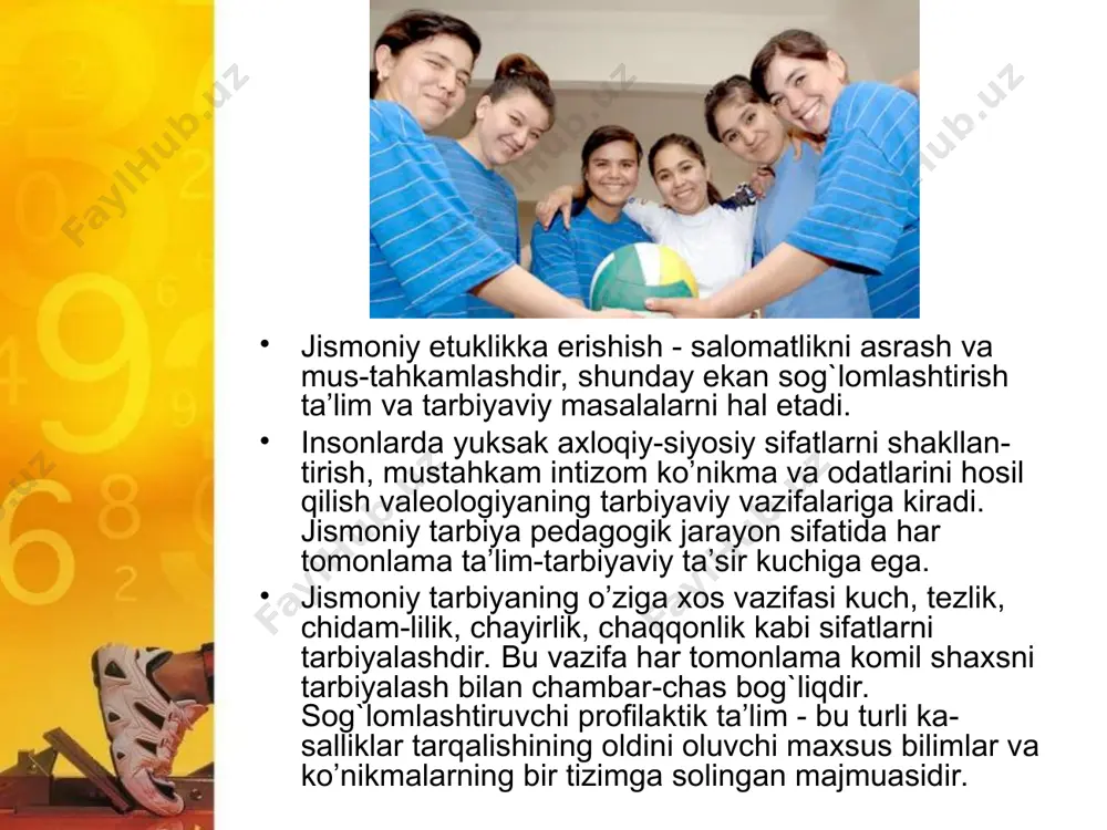 iologik o’zgarishlar sodir bo’ladi. chiniqtirish tufayli markaziy asab tizimi faollashadi, periferik asab tizimining qo’zg`aluvchanligi pasayadi, ichki sekrestiya bezlarining faoliyati kuchayadi, hujayra fermentlarining faolligi oshadi. bularning hammasi organizmning tashqi muhit sharoitlariga chidamliligini oshiradi. chiniqtiruvchi chora-tadbirlar umumiy (to’g`ri kun tartibi, oqilona ovqatlanish, jismoniy tarbiya bilan shug`ullanish) va maxsus (havo vannalari, quyosh vannalari, suv amallari) choralarga bo’linadi. uning yordamida ko’pgina kasalliklardan xalos bo’lib, umrini uzaytirish va uzoq yillar davomida mehnat layoqatini, hayotdan mamnunligini saqlab qolish mumkin. chiniqtirishning ayniqsa shamollash kasalliklarining oldini olishda ahamiyati juda katta. chiniqtiruvchi amallar shamollash kasalliklarining sonini 2-4 baravar kamaytiradi, ayrim hollarda esa umuman ulardan xalos bo’lishga yordam beradi. test savollari 1. kasallikning bоshlanish davri dеb nimaga aytiladi: hamma bеlgilarni yuzaga chiqarish davri *mikrоblar оrganizmda ko’payadi lеkin оrganizm uni sеzmaydigan davri ilk bеlgilarning yuzaga chiqish davri asоrat qоldiradigan davri 2. kasallikning kuchaytiruvchi davri dеb nimaga aytiladi: *hamma bеlgilarni yuzaga chiqarish davri mikrоblar оrganizmda ko’payadi lеkin оrganizm uni sеzmaydigan davri ilk …