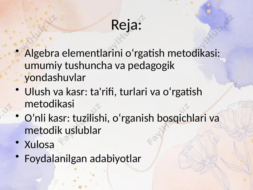 ‘lsa, har bir odamga 6/2 = 3 olma beriladi. agar 5 ta kitob va 3 do‘kondosh bo‘lsa, har bir do‘kondoshga 5/3 kitobdan to‘rtta bo‘ladi, natija kasr bo‘ladi. o’nli kasr: tuzilishi, o‘rganish bosqichlari va metodik uslublar o’nli kasr ning ta'rifi va uning oddiy kasrlar bilan bog‘liqligi. o’nli kasrni o‘rgatish metodikasi: sonlarni o‘nlik tizimda ifodalash, kasrlarni o‘nli kasrga aylantirish. o’nli kasrni qo‘llashdagi amaliy mashqlar: ulushlarni o‘nli kasr orqali ifodalash. misollar: 0.5 va 0.75 kabi o‘nli kasrlarni ko‘rsatish. 3/10 ning o‘nli kasr sifatida ifodalanishi: 0.3. oddiy kasrni o‘nli kasrga aylantirish: 1/2 = 0.5 3/4 = 0.75 7/10 = 0.7 o’nli kasrlar bilan amallar: 0.5 + 0.3 = 0.8 (qo‘shish) 1.2 - 0.8 = 0.4 (ayirish) 0.5 × 0.4 = 0.2 (ko‘paytirish) 0.8 ÷ 0.4 = 2 (bo‘lish) xulosa: algebra elementlarini o‘rgatish metodikasi, ulush va kasr, shuningdek o‘nli kasrlarni o‘rgatishda, o‘quvchilarning matematik tafakkurini rivojlantirishda muhim rol o‘ynaydi. o‘quvchilarga algebraik ifodalar, kasrlar va o‘nli kasrlarni …