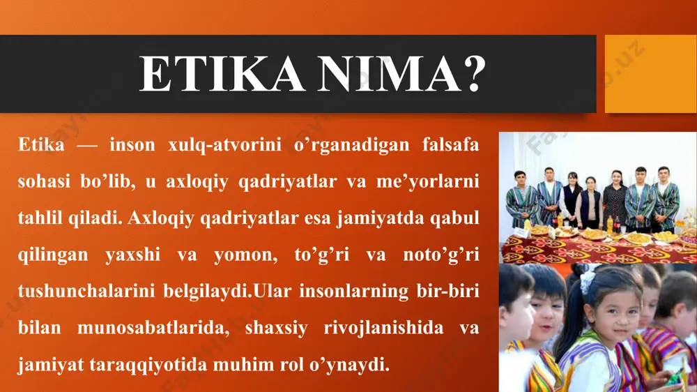 istiqlol tufayli qadriyatlar tug’risidagiqarashlarimiz shitob bilan o’zgardi. sobiqittifoqning ilgari ulug’langan partiyaviy-sinfiyqadriyatlari sarobga aylandi, zamon realliklaritalablariga javob bera olmay, o’tgan o’n yilliklardaniborat tarix sahifalari bilan birga yopilib ketdi.o’zbekistonda qadriyatlarga e`tibor kuchaydi, uningturli qirralari olim va mutahassislar tomonidan tahliletilmoqda. qadriyatlar falsafasi — aksiologiyaning ko’pdan-ko’p mavzulari mutahassislarimizningilmiy izlanishlarida o’ziga xos o’rin tutmoqda. inson oliy qadriyat: avlod va ajdodlarimiz yaratgan qadrlash mezonlariningtarixi eng qadimgi naqllar, rivoyatlar, afsona, hikoyat,dostonlarga, ya`ni halq og’zaki ijodi namunalariga boribtaqaladi. spitamen, muqanna va jaloliddin manguberditug’risidagi asarlarda, alpomish, to’maris va shiroqtug’risidagi afsona va dostonlarda vatanparvarlik, halq vayurt ozodligi uchun fidoyilik kabi ko’plab umuminsoniyqadriyatlar tasvirlangan. ma`naviy merosimizning yorqinnamunasi – «avesto» zardo’shtiylikning muqaddas kitobibo’lganligidan, unda bu dinning qadriyatlar tizimi,qadrlash mezonlari, o’sha davrdagi milliy g’oyalar yorqinifodalangan. tafakkur… tafakkur deb, voqelikdagi narsa va hodisalarni ular oʻrtasidagi bogʻlanishlarni fikran, umumlashtirib, vositali yoʻl bilan aks ettirishga aytiladi. voqelik tafakkurda, idrok va tasavvurgina nisbatan chuqurroq va toʻlaroq aks etadi. biz sezgi, idrok vositasi bilan bilib olishimiz mumkin boʻlmagan …