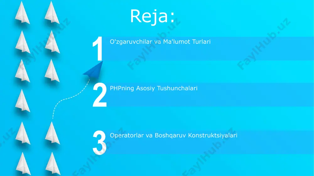 operatorlari mavjud. bu operatorlar toshkentdagi har qanday php loyihasida muhim rol o'ynaydi. boshqaruv konstruktsiyalari loop (tsikl) operatorlaridan foydalanib, ma'lumotlar bazasidan 20 ta yozuvni qayta ishlash yoki 1 dan 10 gacha bo'lgan sonlar yig'indisining hisobini amalga oshirish mumkin; bu samarqanddagi universitet talabalariga dasturlash bo'yicha o'qitiladi. php da 3 ta asosiy boshqaruv konstruktsiyasi mavjud: shartli operatorlar (if, else, elseif), sikllar (for, while, do-while) va funksiyalar yordamida 1000 dan ortiq satrdan iborat dasturlarni samarali boshqarish mumkin. e'tiboringiz uchun rahmat @taqdimot_robot image5.jpg image6.jpg image7.jpg image8.jpg image9.jpg image1.jpeg image2.jpeg image3.jpeg image4.jpeg