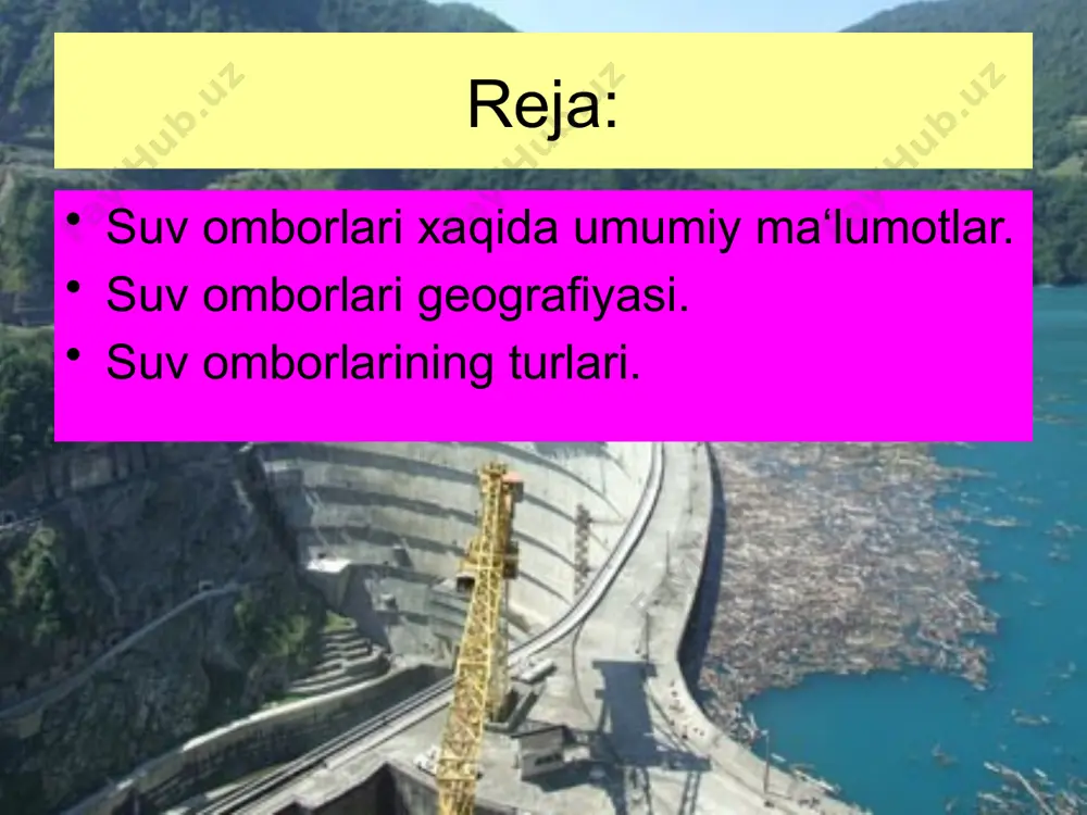 langan. rossiya xududida joylashgan bratsk (angara daryosi), krasnoyarsk (yenisey daryosi), kuybishev (volga), buxtarma (irtish) kabi suv omborlari nafakat mazkur mamlakat xududida balki butun yevrosiy materigida ham eng yirik suv omborlari xisoblanadi. tarixiy ma‘lumotlarga ko’ra orta osiyo davlatlari xududida kichik suv omborlari – hovuzlar eski eraning oxiri va yangi eraning boshlaridayoq qurilgan. ularni qurishdan maqsad kichik soylar suvini tuplab so’ng undan sug’orish ishlarida foydalanish bulgan. o’rta osiyo davlatlari xududidagi eng yirik suv omborlari suv ombori daryo oddiy loyixada kursatilgan suv sig’imi, mln.m3 maydoni, km2 o’rtacha chuqurligi, m tuxtagul norin 19500 284,0 68,7 rog’un vaxsh 12400 160,0 77,5 norak vaxsh 10500 98,0 107,0 tuyamuyin amudaryo 7300 790,0 9,2 chordara sirdaryo 5700 900,0 7,9 qayroqqum sirdaryo 4200 513,0 8,2 chorbog chirchiq 2000 40,3 50,0 andijon qoradaryo 1750 60,0 29,1 tolimarjon amudaryo 2530 77,4 19,8 tudako’l zarafshon 875 225,0 3,8 kattaqo’rgon zarafshon 845 83,6 10,1 janubiy surxon surxondaryo 800 65,0 12,3 o’zbekistonning eng yirik …