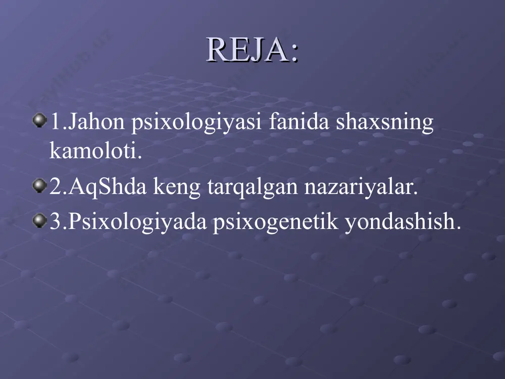 acha davom etadi deb xisoblaydi. ushbu model buyicha reallikka nisbatan shaxe kichik tiziminnng uchta katlami faol xarakat kiladi: "u". "yukori-men" va "men". boshkacha aytganda "u" — bu "id" ong osti yoki ongsizlik soxasi, instinktiv mayllar tuplami, "men" - bu "ego", shaxs, ong. "yukori-men", "super - ego", ijtimoiy axlok, xatti-xarakat norm al ar i, ijtimoiy axlok, xatti-xarakat normalari, ijtimoiy ong, xul k. "u", ongeizlik soxasidan iborat, unpng xukmron printsipi "lazzatlanish" printsipi bulib, siyosatda bu anarxiya kurinishida maydonga chikadi. biogenetik nazariyaning negizida insonning biologik yetilishi bosh omil sifatida qabul qilingan bo’lib, qolgan jarayonlarning taraqqiyoti ixtiyoriy xususiyat kasb etib, ular bilan o’zaro shunchaki aloqa tan olinadi, xolos. mazkur nazariyaga binoan, taraqqiyotning bosh maqsadi - biologik determinantlariga (aniqlovchilariga) qaratiladi va ularning moshiyatidan sosial-psixologik xususiyatlar keltirilib chiqariladi. nemis psixologi v.shternning fikricha, chaqaloq (yangi tug’ilgan bola) shali u odam emas, balki faqat sut emizuvchi hayvondir, u olti oylikdan oshgach, psixik taraqqiyoti jishatidan faqat maymunlar darajasiga tenglashadi, …