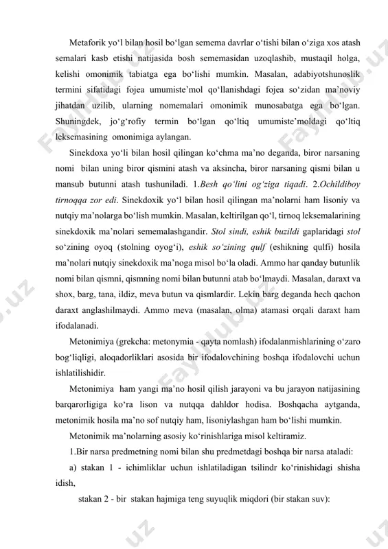 imik tabiatga ega bo‘lishi mumkin. masalan, adabiyotshunoslik termini sifatidagi fojea umumiste’mol qo‘llanishdagi fojea so‘zidan ma’noviy jihatdan uzilib, ularning nomemalari omonimik munosabatga ega bo‘lgan. shuningdek, jo‘g‘rofiy termin bo‘lgan qo‘ltiq umumiste’moldagi qo‘ltiq leksemasining omonimiga aylangan. sinekdoxa yo‘li bilan hosil qilingan ko‘chma ma’no deganda, biror narsaning nomi bilan uning biror qismini atash va aksincha, biror narsaning qismi bilan u mansub butunni atash tushuniladi. 1.besh qo‘lini og‘ziga tiqadi. 2.ochildiboy tirnoqqa zor edi. sinekdoxik yo‘l bilan hosil qilingan ma’nolarni ham lisoniy va nutqiy ma’nolarga bo‘lish mumkin. masalan, keltirilgan qo‘l, tirnoq leksemalarining sinekdoxik ma’nolari sememalashgandir. stol sindi, eshik buzildi gaplaridagi stol so‘zining oyoq (stolning oyog‘i), eshik so‘zining qulf (eshikning qulfi) hosila ma’nolari nutqiy sinekdoxik ma’noga misol bo‘la oladi. ammo har qanday butunlik nomi bilan qismni, qismning nomi bilan butunni atab bo‘lmaydi. masalan, daraxt va shox, barg, tana, ildiz, meva butun va qismlardir. lekin barg deganda hech qachon daraxt anglashilmaydi. ammo meva (masalan, olma) atamasi orqali daraxt …