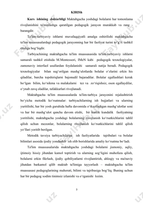 ratishdan iborat. bolalarni maqsadga to‘g‘ri harakatning hayot uchun muhim turlarini shakillantirishdan iboratdir. kurs ishining vazifasi: maktabgacha ta'lim muassasalarda bolalarning individual xususiyatlari, qiziqishlari layoqat va qobiliyatlariga muvofiq rivojlanishida uning psixologik imkoniyatlaridan yuqori darajada foydalanish, bolaning intelektual , shaxsiy, ijtimoiy rivojlanishidagi og‘ishlarini o‘z vaqtida aniqlash, tuzatish va oldini olish, iqtidorli bolalar ijodiy riojlanishiga imkon berish maqsadida psixologi kuzatish va qo‘llab –quvvatlash, maktab ta'limiga samarali tayyorlash vazifasi bolaning salomatligini mustahkamlashida shaxsan o‘zi ma'sul ekanligini jismoniy madaniyat ta'limi orqali anglab olishini ta'minlash. inson salomatligini yanada mustahkamlashga qaratilgan davlat rahbariyati tomonidan qabul qilinayotgan qonun, farmon, qarorlardan o‘z vaqtida xabardor bo‘lish, ularga qo‘yilayotgan talablarni mamlakatda istiqomat qilayotgan har bir fuqaro o‘zi uchun belgilab berilgan tegishli ko‘rsatmalarni bajarishni ta'minlash o‘zining burchi ekanligini bilish. xar bir bola uzining barcha imkoniyatlarini bilishi, uning mashg‘ulotlarda yuksak natijani namoyish etishga, tayyorlashga oid ilmiy-nazariy-amaliy bilimlarga ega bo‘lish. aqliy, ahloqiy va jismoniy rivoji va tayyorgarligiga qay darajada samara berishi haqidagi bilim va tajribalariga …