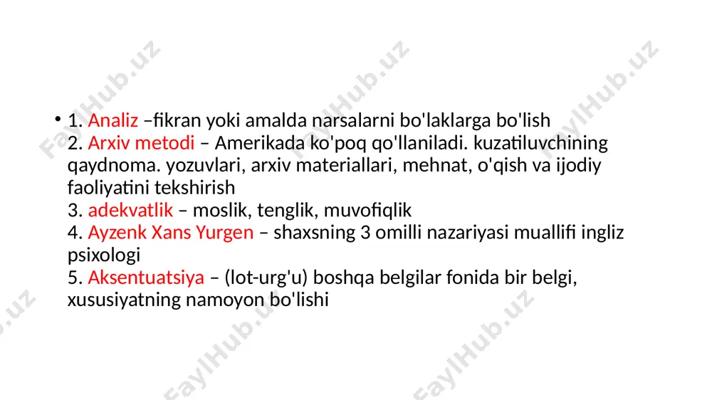 19. fexner – sezgilarning ortib borishini ta’sir etuvchi kuch bilan bog’lagan. uning qarashlari psixofizikaga asos bo’ldi 20. frensis galton – korrelyatsiya hodisasini kashf etgan ingliz biologi, statistik hodimi 21. floyd va gordon olport 1921-22 yillarda shaxs fazilatlari so’rovnomasini tuzdi. 22. gilford – temperament sharhi deb nomlangan testni ishlab chiqdi. 23. gezell – maktabgacha yoshdagi bolalarning aqliy taraqqiyotini o’rgandi 24. golle – xix miya lokalizatsiyasi tushunchasini fanga olib kirgan anatom. 25. gitsuk va frige – hayvonlarning miyasini elektr toki yordamida kuzatgan va sezgi, idrok markazlarini kashf etgan. 26. gerbart – psixologiyada matematikaning zarurligini isbotlagan nemis psixologi. 27. ishonchlilik – testlar uchun qo’yiladigan psixometrik talab 28. kyuvye – korrelyatsiya atamasini eng birinchi fanga olib kirgan fransuz paleontology 29. konfidnsiallik – test natijalarini sir saqlash. 30. korrelyatsiya – (lot) narsa-hodisalarning munosabati, muvofiqligini o’lchovchi mezon. 31. krechmer – nemis psixiatrigi va psixologi. mehnat psixologiyasi laboratoriyasi asoschisi. 32. lazurskiy – shaxsni o’rganish uchun tabiiy eksperiment …