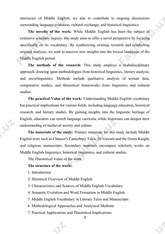 torical linguistics, sociolinguistics, and cultural studies by providing empirical evidence and analytical frameworks for understanding the evolution of language and culture. it offers theoretical insights into processes of lexical change, language contact, and sociocultural dynamics during the middle english period. chapter i. introduction to middle english vocabulary 1.1 overview of the middle english period the middle english period, spanning roughly from the norman conquest of england in 1066 to the end of the 15th century, marks a significant era in the linguistic, cultural, and social evolution of england[footnoteref:1]. this period witnessed profound transformations in all facets of life, including language, literature, governance, and religion. here, we provide an overview of the middle english period, highlighting its key features, historical context, and cultural developments. [1: quirk, r., & wrenn, c. l. (1957). an old english grammar. methuen] the middle english period began with the norman conquest of england in 1066, when …