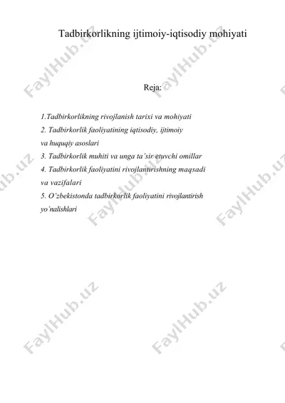 tadbirkorlikning ijtimoiy-iqtisodiy mohiyati — DOC