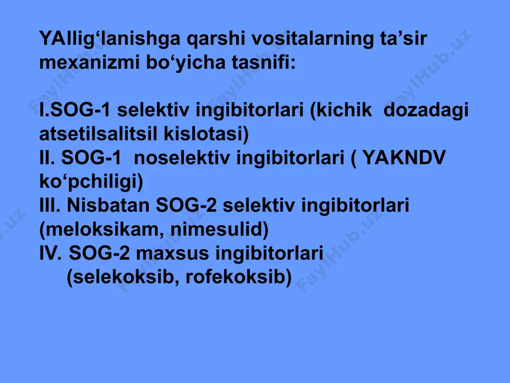 gastral sohada og‘riq) -yaqndv-gastropatiya -yaqndv-enteropatiya 2. -yaqndv-nefropatiya 3. gematotoksik ta’sir 4. gepatotoksik ta’sir 5. teri va shilliq qobiqlarning jarohatlanishi 6. nevrologik nojo‘ya ta’sir 7. teratogen ta’sir sog-2 maxsus ingibitorlari sog-1selektiv ingibitorlari noselektiv sog-1 ingibitorlari nisbatan sog-2 selektiv ingibitorlari acetylsalicyl kislota (kichik dozada) meksilitin tokainid nimesulid, meloksikam yqndv ko‘pchiligi selekoksib, rofekoksib, valdokoksib, etorikoksib yallig‘lanishga qarshi dori vositalarining nisbatan tanlab ta’sir ko‘rsatishi bo‘yicha tasnifi nospesifik immunomodulyasiyalovchi ta‘sirga ega bo‘lgan,sekin ta‘sir etuvchi yqndv biriktiruvchi to‘qimaning yallig‘lanuvchi o‘zgarishlarini bartaraf etuvchi immunotrop dv oltin preparatlaari –aurotioprol (krizanol) auranofin (miokrizin) d-penisillamin xinolin unumlari- xloroxin, gidroksixloroxin immunodepressantlar-siklofosfamid, azatioprin, metotreksat, siklosporin sulfanilamid preparatlar-sulfasalazin, mesalazin bazis, sekin ta’sir etuvchi yallig‘lanishga qarshi dori vositalar bazis, sekin ta’sir etuvchi yallig‘lanishga qarshi dori vositalarning umumiy farmakologik ta’sirlari 1.nospetsifik yallig‘lanuvchi kasalliklarda suyak eroziyasi va tog‘ay bo‘g‘imlari destruksiyasini to‘xtatadi. 2. yallig‘lanishning immun bo‘g‘imlarini patogenetik omillariga ta’sir etish yo‘li bilan mahalliy yallig‘lanish jarayoniga bilvosita ta’sir ko‘rsatadi. 3. terapevtik ta’siri sekin rivojlanadi (ko‘p preparatlarning latent davri10-12 …