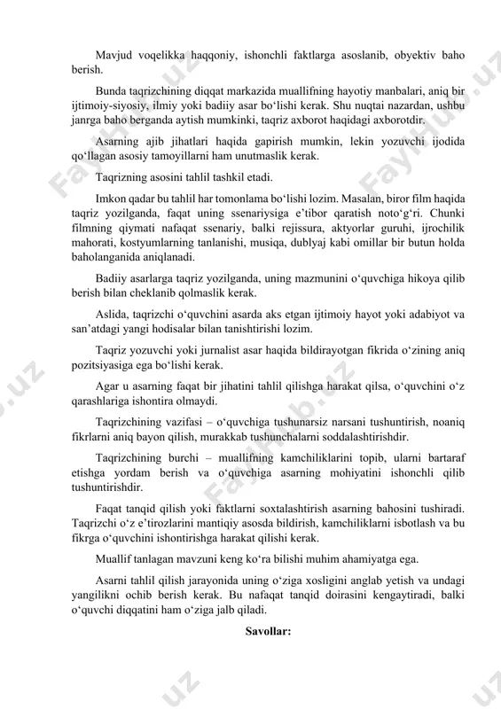 razining o‘ziga xosligi hamda umumiy sifat va fazilatlarini solishtiradi. hatto bu holatni ayrim o‘rinlarda "xurshid do‘stmuhammadning sizifi" tarzida ifoda ham etadi. kamyu o‘zi sizifning o‘jarligi, qaysarligi, bo‘ysunmasligi odatlarini inson sifatida tasvirlasa, x. do‘stmuhammad esa o‘z qahramonini dono, nihoyatda irodali inson sifatida tasvirlashini ko‘rsatib beradi. taqrizchi yo‘ldosh solijonov ushbu ikki asarni qiyoslash orqali oxir-oqibat shunday xulosaga keladi: "xurshid do‘stmuhammadning "donishmand sizif" romanini o‘qib, absurd hayotning ma’nosizligi, yashashning mantiqsizligini targ‘ib etuvchi, shu g‘oyasi bilan insonning ruhiyatini tushkunlikka olib boruvchi oqim emas, balki umid bilan yashagan odam maqsadiga albatta erishadi degan ulug‘ g‘oya targ‘ibotchisi ekanligiga amin bo‘lamiz. chunki kamyu ham, x. do‘stmuhammad ham insonning bu ma’nosiz dunyoda umid bilan yashashi lozimligini ta’kidlaydilar. politakriz esa ikki yoki undan ortiq asarlar tahlil qilinadigan janr hisoblanadi. bunday taqrizlarda yangi yaratilgan hamda auditoriyaga noma’lum bo‘lgan yoki faqatgina ma’lum kishilar xabardor bo‘lgan asarlar haqida qiyosiy tahlil olib boriladi. ammo qaysi taqriz turini olib qaramang, ularga tegishli bo‘lgan umumiy …