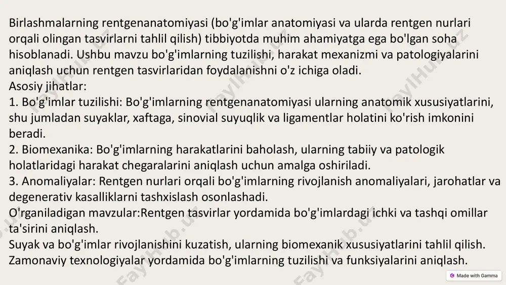 larini rejalashtirish jarrohlik amaliyotini o'tkazishdan oldin bo'g'imlar va suyaklarni batafsil o'rganish. https://gamma.app/?utm_source=made-with-gamma 1. rentgen nurlari yordamida bo‘g‘imlarni tekshirishda asosiy maqsad nima? a) suyak holatini baholash b) yallig‘lanishni aniqlash c) bo‘g‘imlarni davolash d) organlar joylashuvini aniqlash 2. sog‘lom tizza bo‘g‘imining rentgen tasvirida qanday belgilar ko‘rinadi? a) toraygan bo‘g‘im oralig‘i b) silliq va to‘g‘ri suyak yuzasi c) o'smalar va tikanlar d) sinovial suyuqlik yomon ko‘rinadi 3. osteoartritning rentgen tasvirdagi asosiy belgisi nima? a) bo‘g‘im oralig‘ining kengayishi b) bo‘g‘im oralig‘ining torayishi c) to‘g‘ri suyak yuzasi d) suvli to‘qimalar mavjudligi 4. biomexanika qaysi sohani o‘rganadi? a) suvni filtrlash jarayonini b) bo‘g‘imlarning harakatlarini c) tana vazifalarini normallashtirishni d) suyaklarning rivojlanishini 5. kt tasvirlar bo‘g‘imlarning qaysi qismini yaxshiroq ko‘rsatadi? a) suyaklar b) mushaklar c) xaftaga d) ligamentlar test : https://gamma.app/?utm_source=made-with-gamma 1.„история рентгенологии“ (ru). 2012-yil 22-yanvarda asl nusxadan arxivlangan. qaraldi: 2009-yil 23-sentyabr. 2.↑ „история рентгенологии в россии“ (ru). 2012-yil 17-aprelda asl nusxadan arxivlangan. qaraldi: 2009-yil 23- sentyabr. …