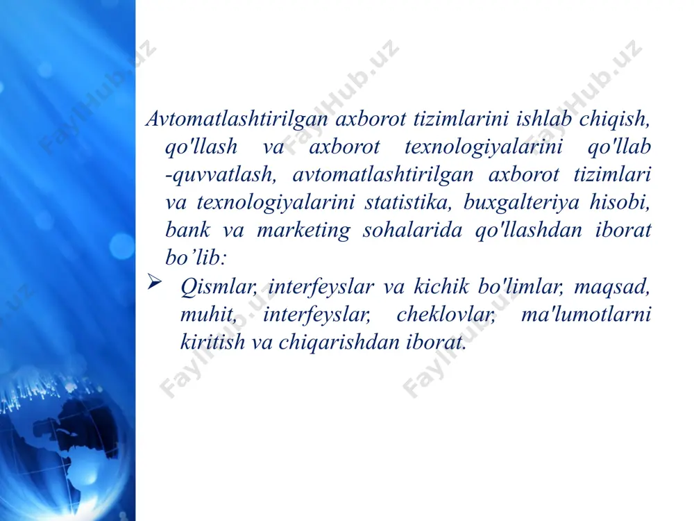 q va yagona axborot bazasida asosiy logistika komplekslari: ulgurji savdo orqali tayyor mahsulotni sotish (sotish) ni boshqarish,kichik ulgurji va chakana savdo; moddiy oqimlarni boshqarish, shu jumladan korxonaning ishlab chiqarish faoliyatini moddiy -texnik ta'minlash va zaxiralarni boshqarish. huquqiy qo'llab -quvvatlash - abt faoliyati sharoitida huquqiy munosabatlarni tartibga soluvchi huquqiy me'yorlar majmui va uning faoliyati natijalarining huquqiy maqomi. ergonomik qo'llab -quvvatlash - bu psixologik uyg'unlashtirishga qaratilgan o'zaro bog'liq talablar to'plami.inson operatorining fiziologik xususiyatlari va imkoniyatlari,ish joyidagi ish muhitining parametrlari. avtomatlashtirilgan ish joyida bajariladigan vazifalar kontekstida: rejim bo'yicha ish joyiining ishlashi: kasb -hunarga yo'naltirish xususiyatiga ko'ra (hal qilinayotgan vazifalar bo'yicha) aij: muammoli texnologik individual guruh tarmoqqa ulangan xizmatchilar aij texnik va yordamchi xodimlari (protseduralarni yuqori darajada tartibga solish bilan bog'liq muammolarni hal qilish: qabul qilish, uzatish, saqlash va chop etish)hujjatlar, ish yuritish). aij mutaxassisining ish joylari (rivojlanishhujjatlar, boshqaruv qarorlarini qabul qilish, muammolarni o'rganish modellar) aij boshlig’i (bajarilishini nazorat qilish, yig'ilishlar o'tkazish, ishlarning hozirgi …