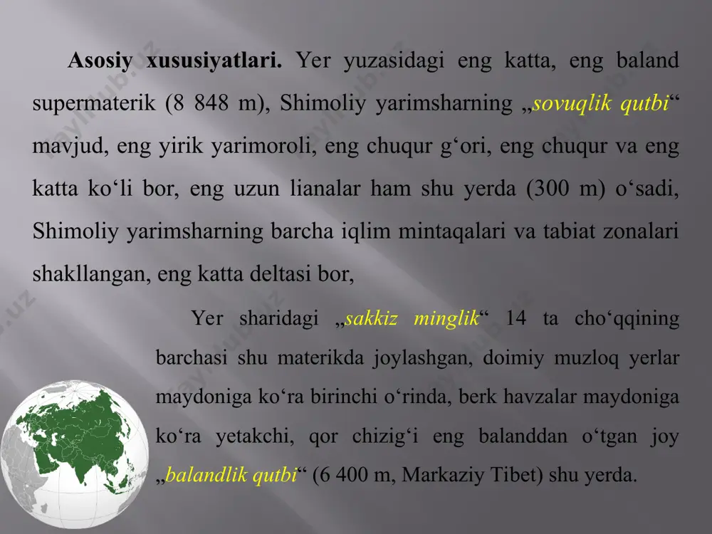rtaosiyolik geograf olimlarning xizmatlari juda katta. o‘rta osiyo va arab geografiyasiga asos solgan muhammad ibn muso alxorazmiyning (783 — 850- y.) xizmatini alohida ta’kidlash lozim. xorazmiy ilmiy faoliyati davomida tabiiy fanlarni rivojlantirishga, tabiatni o‘rganishga alohida e’tibor bergan. uning boshchiligida 70 ga yaqin olimlar „jahon xaritalari“ni tuzishgan. bu xaritalar asosida xorazmiy „kitob surat al-arz“ (yerning surati) kitobini yozgan. abu rayhon beruniy (973 — 1048- y.) hindistonda yashagan davrida o‘lkaning daryolari, tog‘lari, o‘simlik va hayvonot olamini batafsil o‘rganib, „hindiston“ asarini yaratdi. u amudaryo misolida „daryolar keltirayotgan tog‘ jinslarining massasi (katta-kichikligi) suv oqimining tezligiga to‘g‘ri proporsional“ ekanligini aniqladi. bu, keyinchalik, beruniy qonuni deb aytiladigan bo‘ldi. beruniy qoraqum va qizilqum hududlarining paydo bo‘lishini, materiklarning siljish g‘oyasini birinchilardan bo‘lib aytgan. beruniy 1010 — 1017- yillarda xorazmda olimlarni birlashtirib, „fanlar akademiyasi“ („ma’mun akademiyasi“) ni barpo etdi. olimlar orasida ibn sino ham bo‘lgan. zahiriddin bobur o‘rta osiyo, eron, afg‘oniston, hindiston hududining aholisi, xo‘jaligi haqida qimmatli ma’lumotlar yozib …