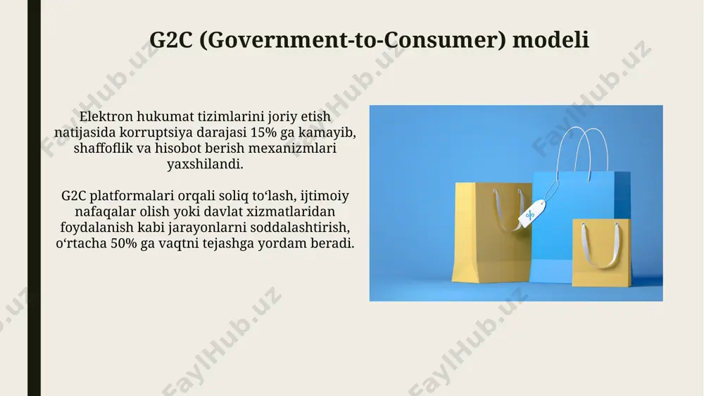irish va mijozlar bilan individual munosabatlarni o'rnatish kabi funksiyalarni taklif qiladi. b2g (business-to-government) modeli b2g электрон тижоратда трансакцияларнинг шаффофлигини таъминлаш учун блокчейн технологияси ва рақамли имзолар каби 2-3 та ахборот хавфсизлиги тизимидан фойдаланилади. b2g электрон тижорат моделида давлат муассасаларига етказиб бериш учун тендерлар ва электрон аукционлар орқали йиллик 20 миллиард доллардан ортиқ товар ва хизматлар сотилади. g2b (government-to-business) modeli elektron tenderlar va davlat xaridlari g2b platformalari orqali o'tkazilishi, korxonalar uchun 15% gacha xarajatlarni kamaytirish va raqobatni oshirish imkonini beradi. davlat tomonidan biznesga elektron tijorat platformalari orqali xizmatlar taqdim etish, masalan, soliq to'lovlari yoki litsenziyalash jarayonlarini avtomatlashtirish orqali 20% gacha vaqt tejashga yordam beradi. e'tiboringiz uchun rahmat @taqdimot_robot image1.jpg image2.jpg image3.jpg image4.jpg image5.jpg image6.jpg image7.jpg image8.jpg image9.jpg image10.jpg image11.jpg image12.jpg