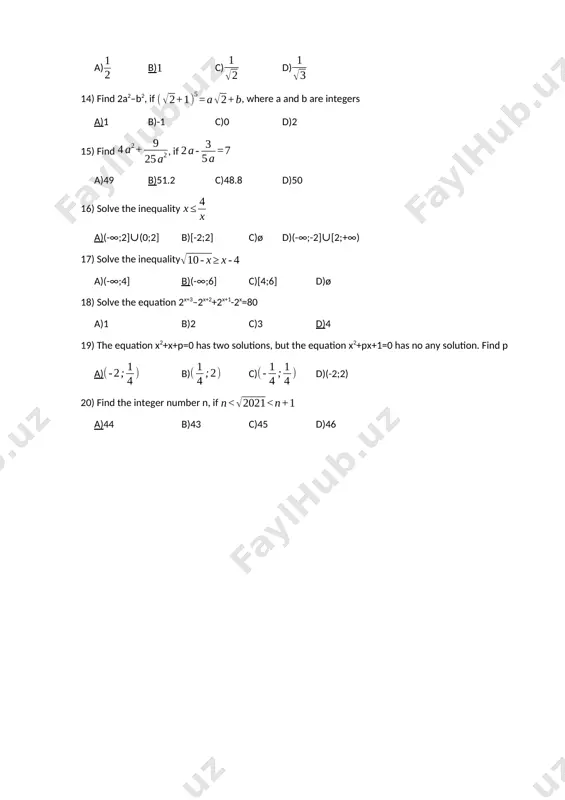 unction a)[0;8] b)[4;8] c)(4;8] d)[0;4) 14) simplify expression a) b) c) d) 15) solve the equation a) b) c) d) 16) solve the equation a)nπ b) c) d) 17) calculate a) b) c) d) 18) simplify the expression a)-i b)i c)-1 d)1-i 19) let x2+x+1=0. find the sum 1+x+x2+…+x101 a)0 b)1 c)x+1 d)x2 20) find the minim (|x|+|x+1|+|x+2|+|x+3|) a)3 b)4 c)5 d)6 3rd trimester 1) the sequence {an}={1;2;2;3;3;3;4;4;4;4;…} is given. find a100 a)10 b)11 c)12 d)13 2) calculate a)0.75 b)1 c) d)0.5 3) calculate a)1.5 b)0 c)+∞ d)1 4) let . find p+q a)1 b)-1 c)0 d)3 5) let f(x)=2x-2-x. find the inverse function a)a) b) c) d) 6) find the derivation of f(x)=2sin3x – 3cos2x a)6(cos3x – sin2x) b) c) d)2cos3x+3sin2x 7) the tangent line to the function y=x2 passes through the point (2;3). write the equation for this tangent line a)y=2x-1 & y=6x-9 b)y=2x±1 c)y=6x±9 d)y=±2x-1 8) find …