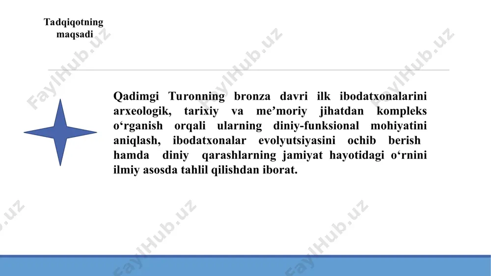 ehqonchilik va chorvachilik rivoji bilan bog‘liq. namozgoh iv–vi bosqichlarida ortiqcha mahsulot jamg‘arilishi monumental inshootlar qurilishiga zamin yaratdi. eneolit davri oxiri – bronza davri boshlarida turar-joy xonalarida marosim qurilari - relikvarlar sarazm ibodatxonasining umumiylikkaayrim elementlari eron platosi va mesopotamiya diniy an’analari bilan ega sarazm kelib chiqishida janubiy turkmanistondagi oltintepava afg‘onistondagi mundigak iv yodgorliklarining ta’siri ham muhim bo‘lgan r.m. bezenval sarazmdagi to‘rtburchak altarli xonalardan birini urug‘ boshlig‘i kulti bilan bog‘laydi. arxeolog g.r. karimova doira shaklidagi altarlarni urug‘ onaboshisi, to‘rtburchak altarlarni esa otaboshisi kultiga bog‘laydi i bob qadimgi turonda ibodatxonalarining paydo bo‘lishi va evolyutsiyasi § 1.2. qadimgi turonda bronza davri ibodatxonalarining paydo bo‘lish omillari gonurtepa “kulrang”, “kul bosgan” tepalik – migratsiya natijasida paydo bo‘lgan. mil. avv. iii mingyillik oxirida (ur-iii va akkad sargoni davrida) qadimgi murg‘ob deltasiga old osiyodan kelgan dehqonchilik va chorvachilik bilan shug‘ullanuvchi qabilalar joylashadi. gonurtepa diniy markazining shakllanishida nafaqat tashqi ta’sirlar, balki mahalliy an’analar ham muhim rol o‘ynagan - geoksyur …