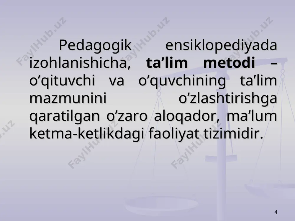 aoliyatini tashkil qilish metodlari bir necha guruhlarga bo’linadi: i. o’quvchilar bilim oladigan manbalar bo’yicha og’zaki, ko’rsatmali va amaliy metodlar. ii. o’quvchi fikrining yo’nalishi bo’yicha: induksiya, deduksiya va analogiya. iii. pedagogik ta’sir, boshqarishning darajasi, o’quvchilarning o’qishda mustaqilliklari darajasi bo’yicha: o’qituvchi boshchiligida bajariladigan o’quv ishlari metodi, o’quvchilarning mustaqil ishlari metodi. iv. o’quvchilarning mustaqil aktivliklari darajasi bo’yicha: izohli-illyustrativ metod; reproduktiv metod; bilimlarni muammoli bayon etish metodi; qisman izlanish va tadqiq qilish metodi. * i. o’quvchilar bilim oladigan manbalar bo’yicha og’zaki, ko’rsatmali va amaliy metodlar 1. og’zaki metodlar a) tushuntirish b) suhbat d) hikoya e) o’quvchilarning kitob bilan ishlashlari 2. ko’rsatmali metodlar: o’qitishning ko’rsatmali metodlari – o’quvchilarga kuzatishlar asosida bilimlar olish imkonini beradi. 3. amaliy metodlar. malaka va ko’nikmalarni shakllantirish va mukammallashtirish jarayoni bilan bog’liq bo’lgan metodlar o’qitishning amaliy metodlari hisoblanadi. xususan, bunday metodlar jumlasiga yozma va og’zaki mashqlar, amaliy va laboratoriya ishlari, mustaqil ishlarning ba’zi turlari kiradi. * ii. o’quvchi fikrining yo’nalishi bo’yicha: …