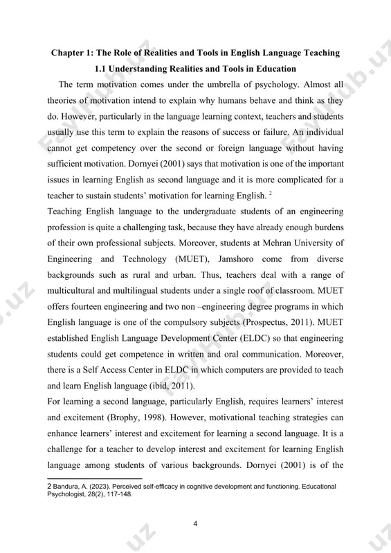 for learning english language among students of various backgrounds. dornyei (2001) is of the opinion that the term ‘motivation’ is a basic aspect of human mind. in this regard, the current study researches motivational teaching strategies that enhance learners’ motivation for learning english language. motivational teaching strategies refer to method and techniques that teachers use in the classroom in order to generate curiosity and maintain students’ motivational level for learning english language (dornyei, 2001). effective teaching methods and techniques can motivate students towards learning and they can be involved in learning integrally. dornyei (2001) further, relates motivation with the human mind. he (2001) states that motivation is a psychological construct which refers to cause and origin of an action. a number of researchers and teachers believe that motivation plays an important role in determining learners’ success or failure in learning the language (dornyei, 2001). motivation for learning english shows learners’ …