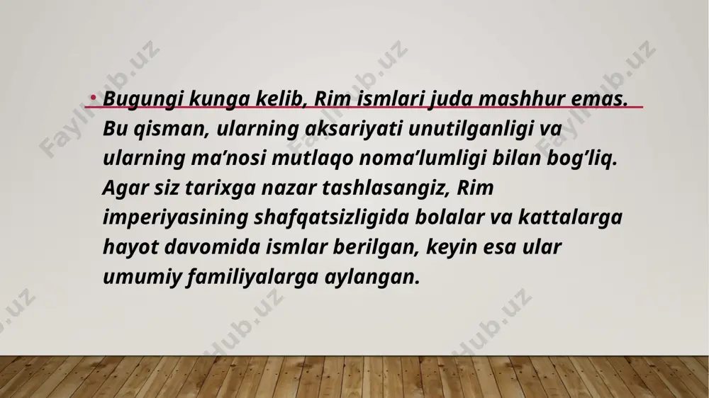 lab so’zlar va bolalarimiz uchun ishlatadigan bolalar uchun cheksiz ismlar. agar siz kelajakdagi farzandingiz uchun ism izlayotgan bo’lsangiz, bu erda biz sizga o’g’il uchun eng asl rim ismlarini taklif qilishimiz mumkin. ular lotin tilidan kelib chiqqan ismlar, boshqa ibroniycha va biz hatto ba’zi yunonlarni ham kuzatishimiz mumkin, ammo barchasi katta ma’noga ega va bu ismga hamroh bo’lgan shaxsning kichik izohi bilan. ushbu ismlar sizning farzandingizga kerakli ismdan ilhom olishingiz uchun ma’lum va yoqimli tanlov bilan tanlanadi. o’g’il bola uchun rim ismlari adrian: adriatik dengizidan olingan. ular faol va chiqadigan odamlardir. ular har doim boshqalarga yordam berishga va ularni kuldirishga tayyor, ammo muhabbatda ular juda yaxshi sevgililar bo’lishmaydi. alair: bu “baxtli” degan ma’noni anglatadi. shuning uchun ular katta baxtni sochadilar va shuning uchun ular katta loyihalarga dinamizm va turtki bilan erishadila eʼtiboringiz uchun tashakkur image2.jpeg image3.jpeg image4.jpeg image5.jpeg image6.jpeg image1.jpg /docprops/thumbnail.jpeg