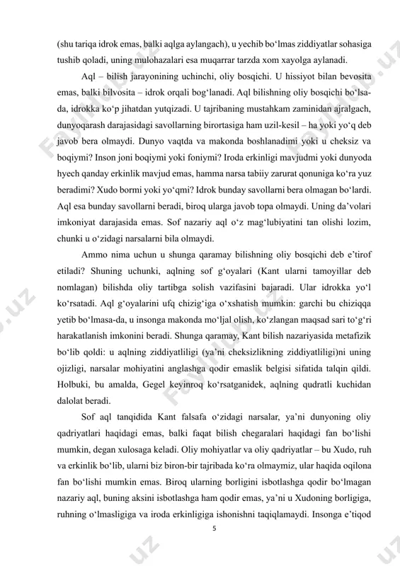 ruhning o‘lmasligiga va iroda erkinligiga ishonishni taqiqlamaydi. insonga e’tiqod va ishonmaslik o‘rtasida yo‘l tanlash imkoniyati berilgan. u e’tiqodni tanlashi lozim, chunki vijdon ovozi, axloq ovozi undan shuni talab qiladi. ammo bu endi nazariy aqldan amaliy aqlga, gnoseologiyadan axloqqa o‘tishdir. xix asrning ikkinchi yarmida, bir tomondan, hegel va shellingning idealistik tizimlari inqirozi, ikkinchi tomondan, matematika va fizika taraqqiyoti ta’sirida kant ta’limotining haqiqiy qayta tiklanishi sodir bo‘ldi. germaniyada. birinchi jahon urushigacha nemis akademik falsafasida eng ta’sirli harakat bo‘lgan neokantizm paydo bo‘ldi. neokantchilikda ikkita maktab paydo bo‘ldi: marburg va baden. birinchi navbatda madaniyat fanlari muammolariga e’tibor qaratilgan ikkinchisi quyida muhokama qilinadi. endi biz marburg maktabining g‘oyalariga murojaat qilamiz, uning diqqat markazida aniq, matematiklashtirilgan tabiiy fanlar bo‘lgan. marburg maktabining asoschisi hermann koen (1842 - 1918) bo‘lib, u 1875 yildan 1912 yilgacha marburg universitetida falsafa bo‘limini boshqargan. uning shogirdlari va izdoshlari orasida pol natorp (1854 - 1924) va ernst kassirer (1874 - 1945) bor. neokantchilik …