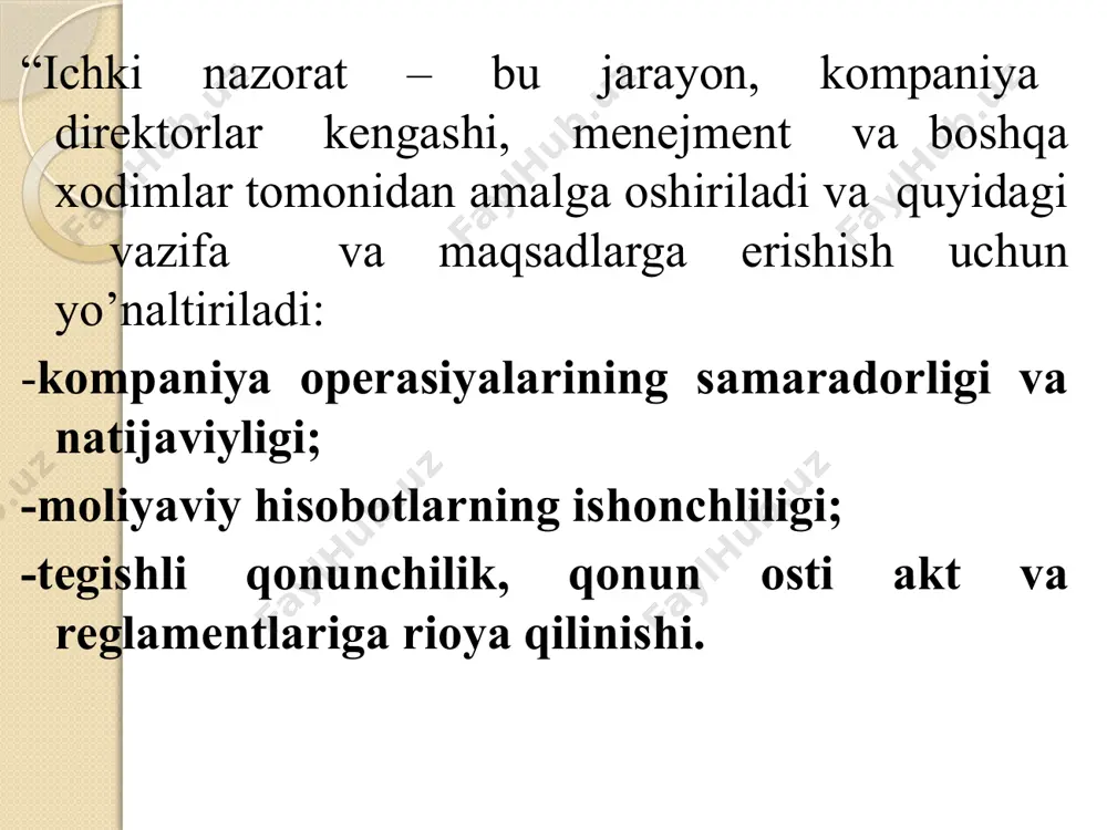 ur hujjatlarning tasdiqlangan nusxalari va boshqa hujjatlarni), korxona mansabdor va mas’ul shaxslaridan og’zaki va yozma tushuntirishlar olish; -ichki auditni o’tkazishga ko’maklashish uchun korxonaning tegishli mutaxassislarini jalb etish. ichki audit xizmati quyidagilarga majbur: -moliya va statistika hisoboti ko’rsatkichlarining ishonchliligini tekshirish; -ichki auditni amalga oshirishda olingan axborotning mahfiyligiga rioya qilish; -korxonaga uning mansabdor shaxslari va boshqa xodimlari tomonidan zarar etkazilganidan dalolat beruvchi holatlar aniqlangan taqdirda bu haqda darhol korxonaning kuzatuvchi kengashiga xabar berish va auditorlik hisobotida tegishli yozuvni qayd etish; -aktivlarni xatlovdan o’tkazishda va qonunda belgilangan tartibda uning o’z vaqtida amalga oshirilishini nazorat qilishda ishtirok etish.