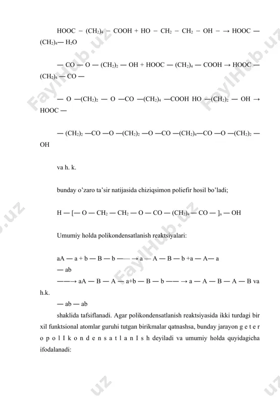 funktsional atomlar guruhlari glitserin molekulasinin qoldiqlari bilan o’zaro ta‘siri tufayli ular bir-biri bilan tiqilib, fazoviy to’rsimon tuzilishga ega bo’lgan polimerlarni hosil qiladi: a │ δ ― ab a — a — b — a — b — a — b ~ + ╲ b ────→ │ │ ╱ a a δ ≀ a — a — b — a — b — a — b ~ │ │ b b │ │ ~ a — b — a — b — a — b ~ ≀ ho — (ch2)4 — o — ch2 — ch — ch2 — oh + ocn — r — nco → │ oh → ~ r — nhco — (ch2)4 — o — ch2 — ch — ch2 — o ~ │ co │ nh │ r │ nh │ co │ ~ r — nhco — (ch2)4 — o — ch2 — ch — …